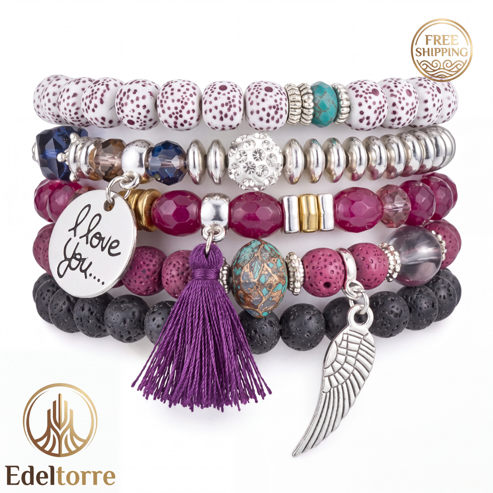 Boho Multi-Layer Charm Bracelet Set Beaded Tassel Love Wing Women Stackable