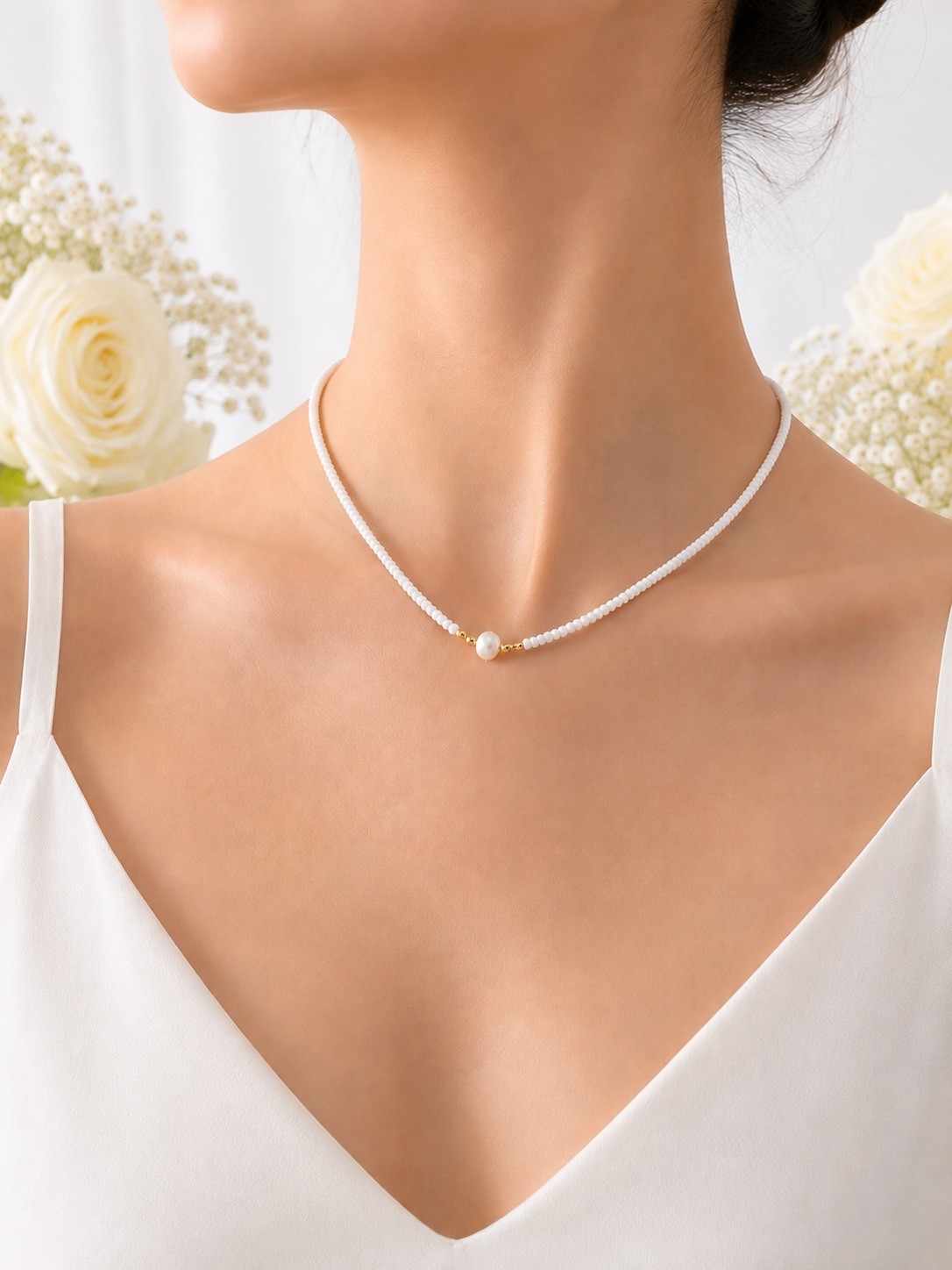Beaded Choker Necklace with Pearl Charm – White Blue Red Black – Women’s Jewelry