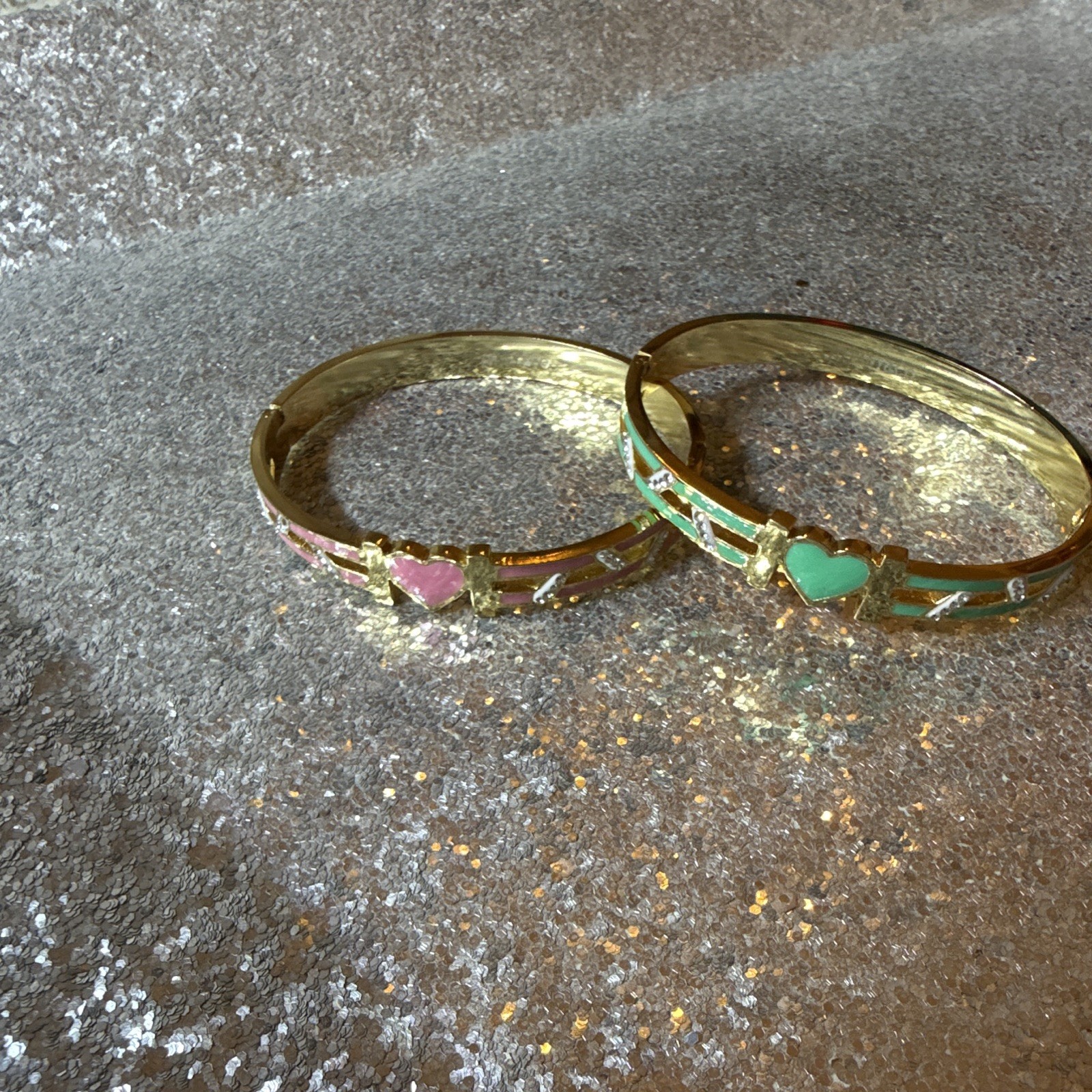 Gold Tone Enamel Heart Bangle Bracelet Set of 2 Pink & Green Love Theme