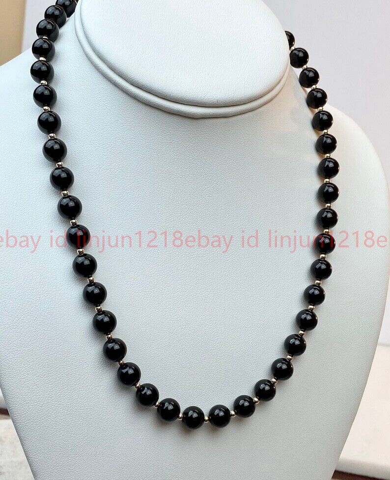 Black Tourmaline Smooth Round Gemstone Gold Filled Beads 20″ Necklace Men Woman