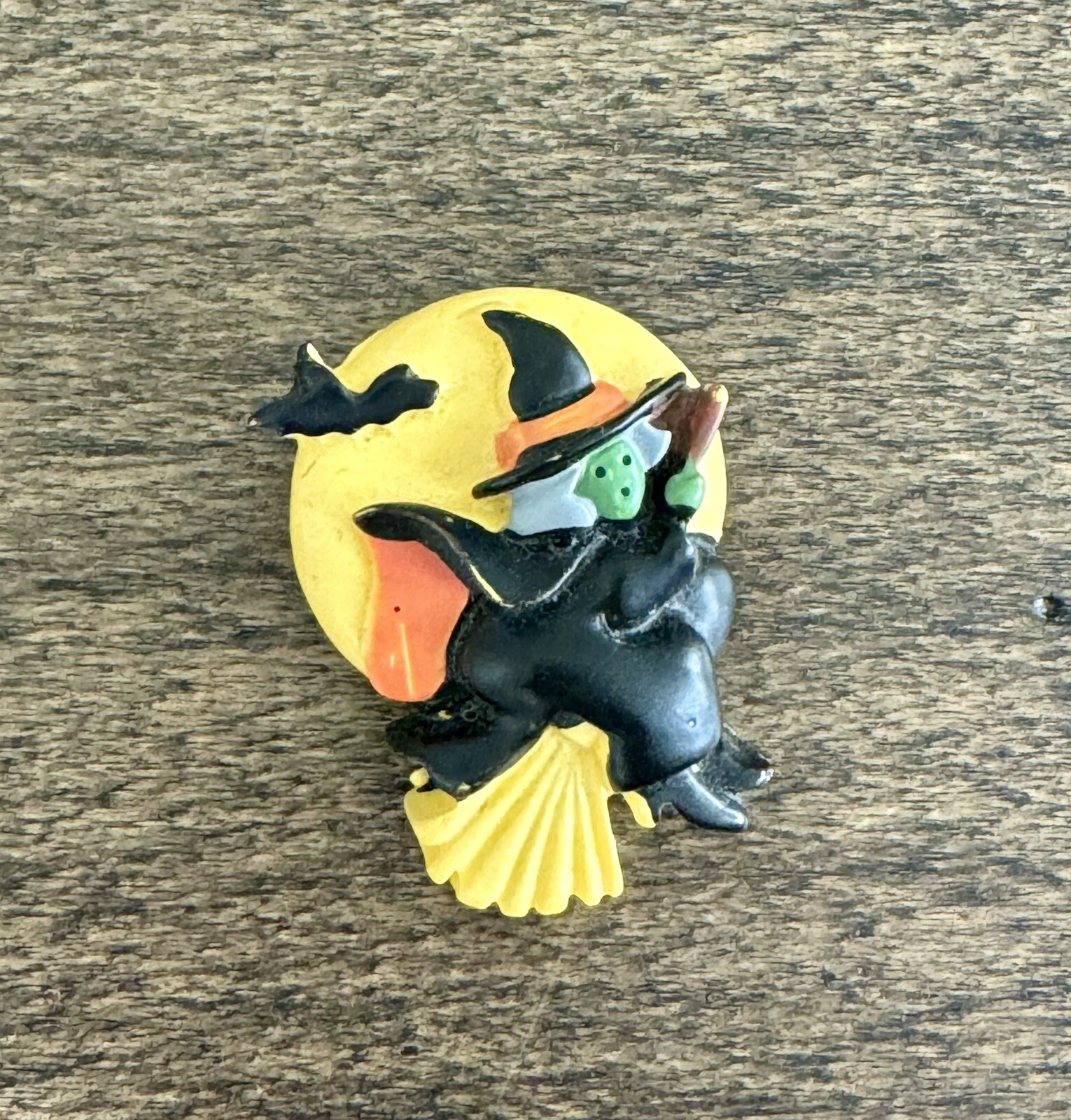 Vintage Lot Of 2 Halloween Pumpkin Ghost Witch Broom Pins Brooches Russ 1.5”