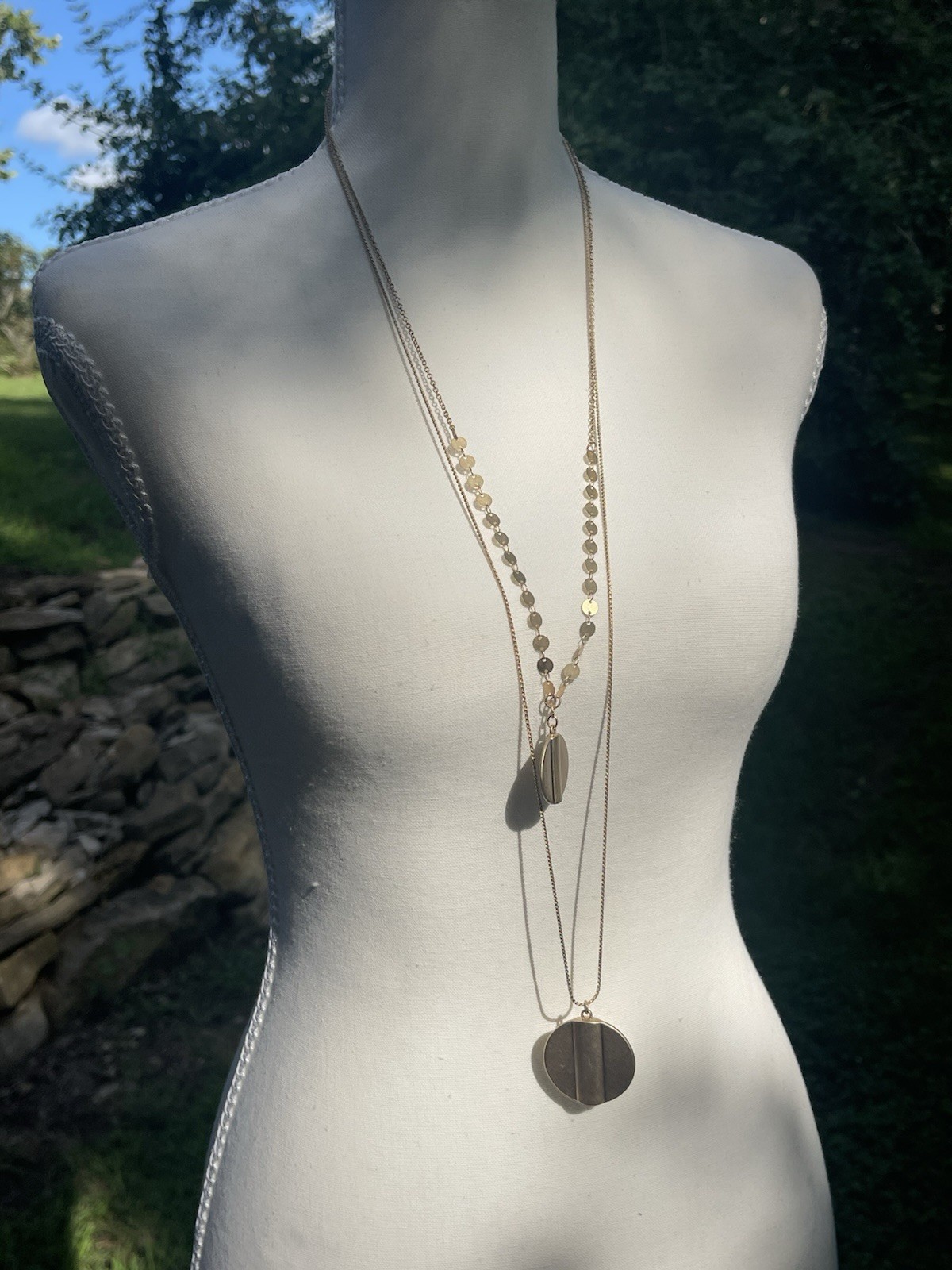 Gold Tone Layered Multi Strand Necklace Long 42″ Sequin Disc Circle Pendant