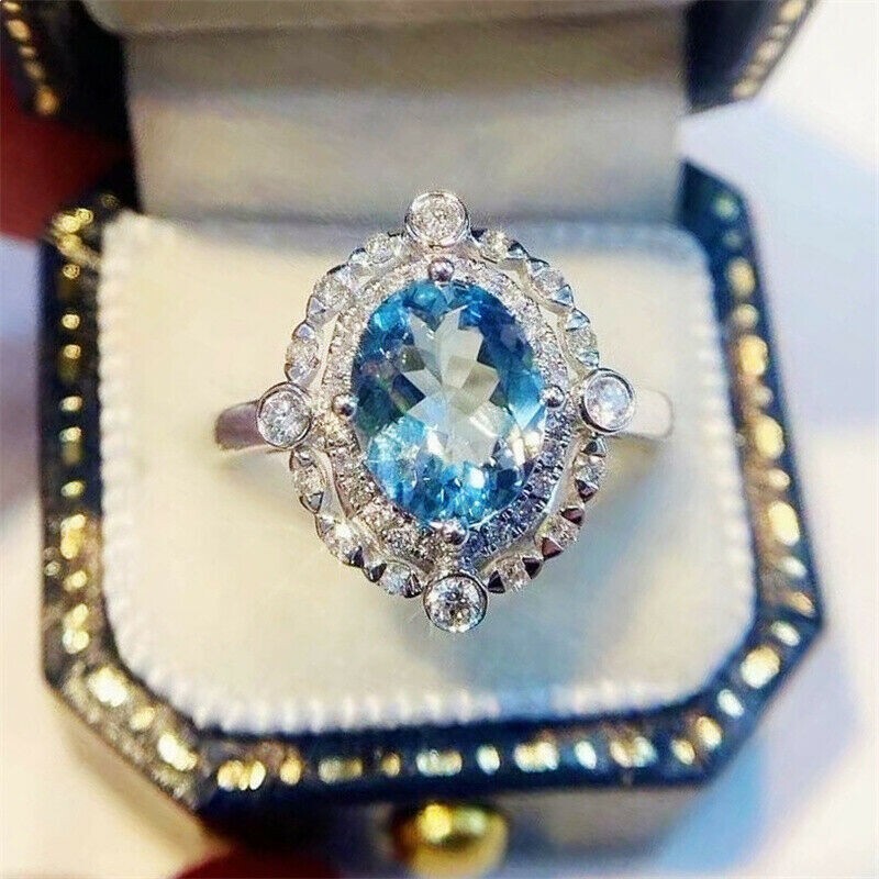 Elegant 925 Sterling Silver Blue Topaz Fashion Wedding Engagement Ring Size 7