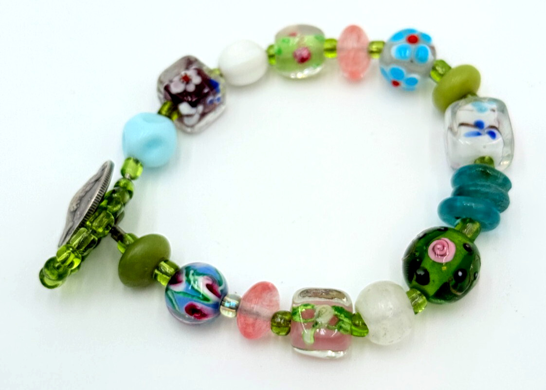 Art Glass & Mercury Dime 1944 925 Sterling Silver Toggle Bracelet