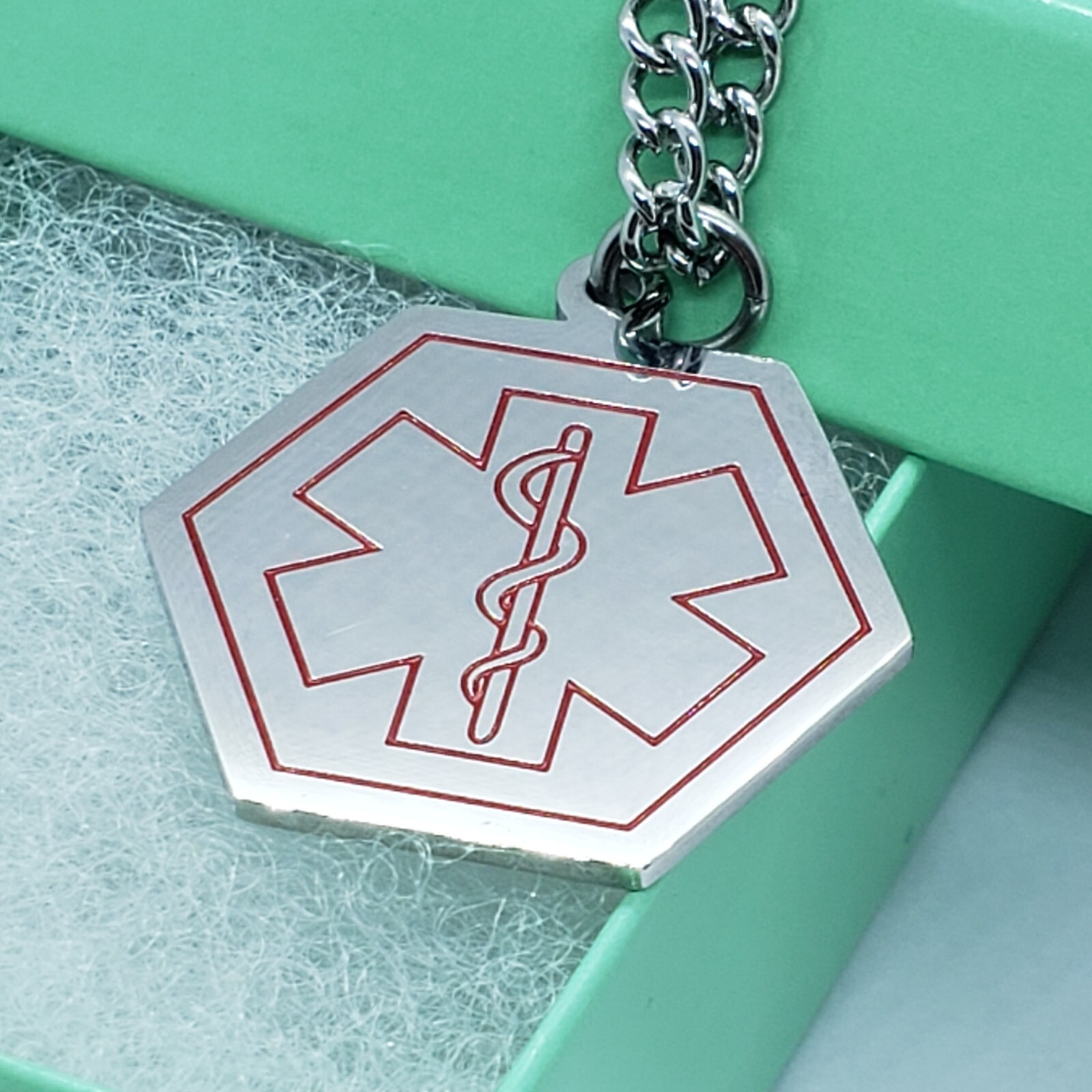 Surgical Stainless Steel Medical Alert ID Tag Pendant 1 in Hexagon 30″ Necklace