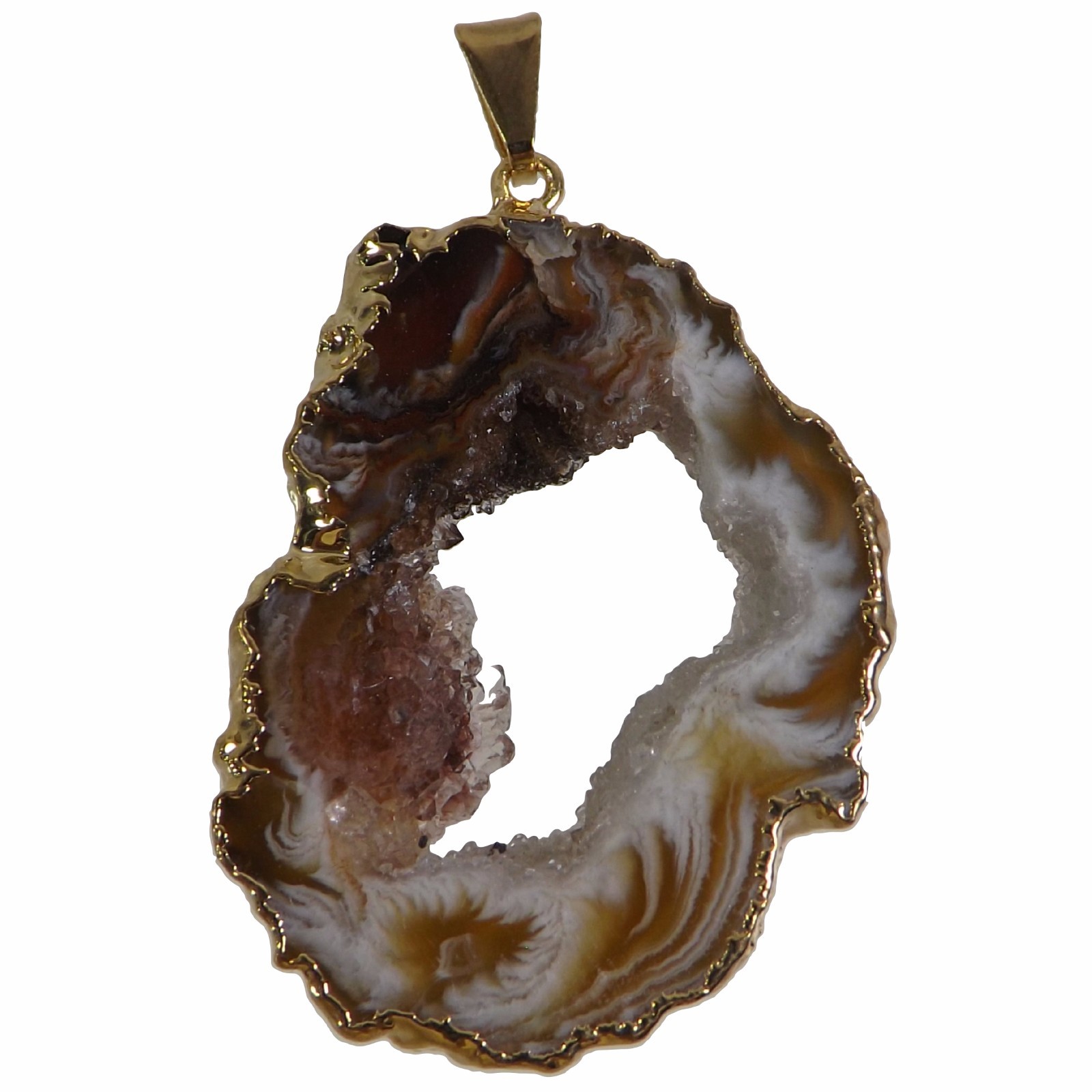 AGATE PENDANT CRYSTAL GEODE Slice, Unique Polished Natural Stone Brazil Gold Edg