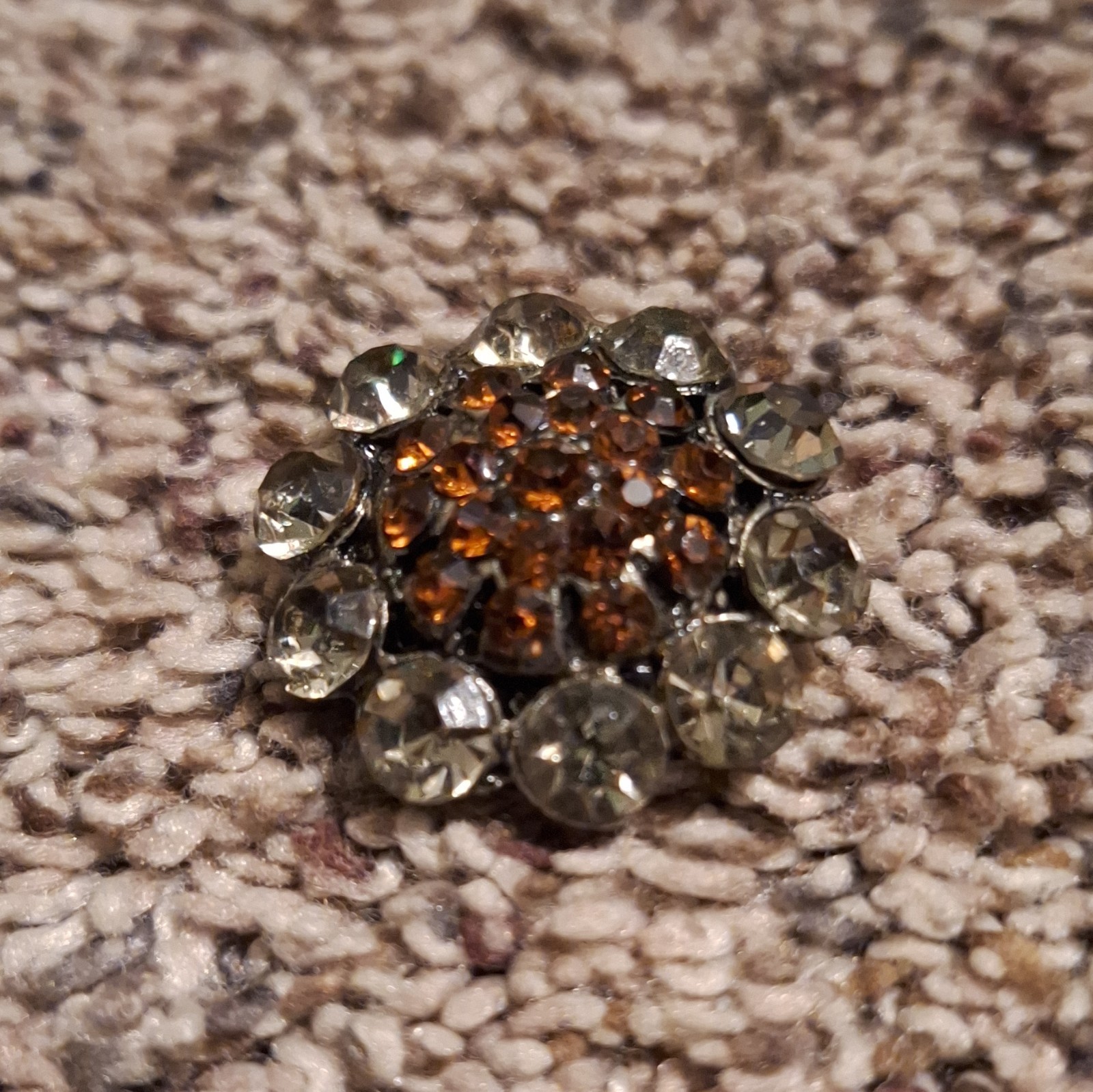 Silver Tone Round Cluster Rhinestone Brooch Pin, Clear & Orange Stones