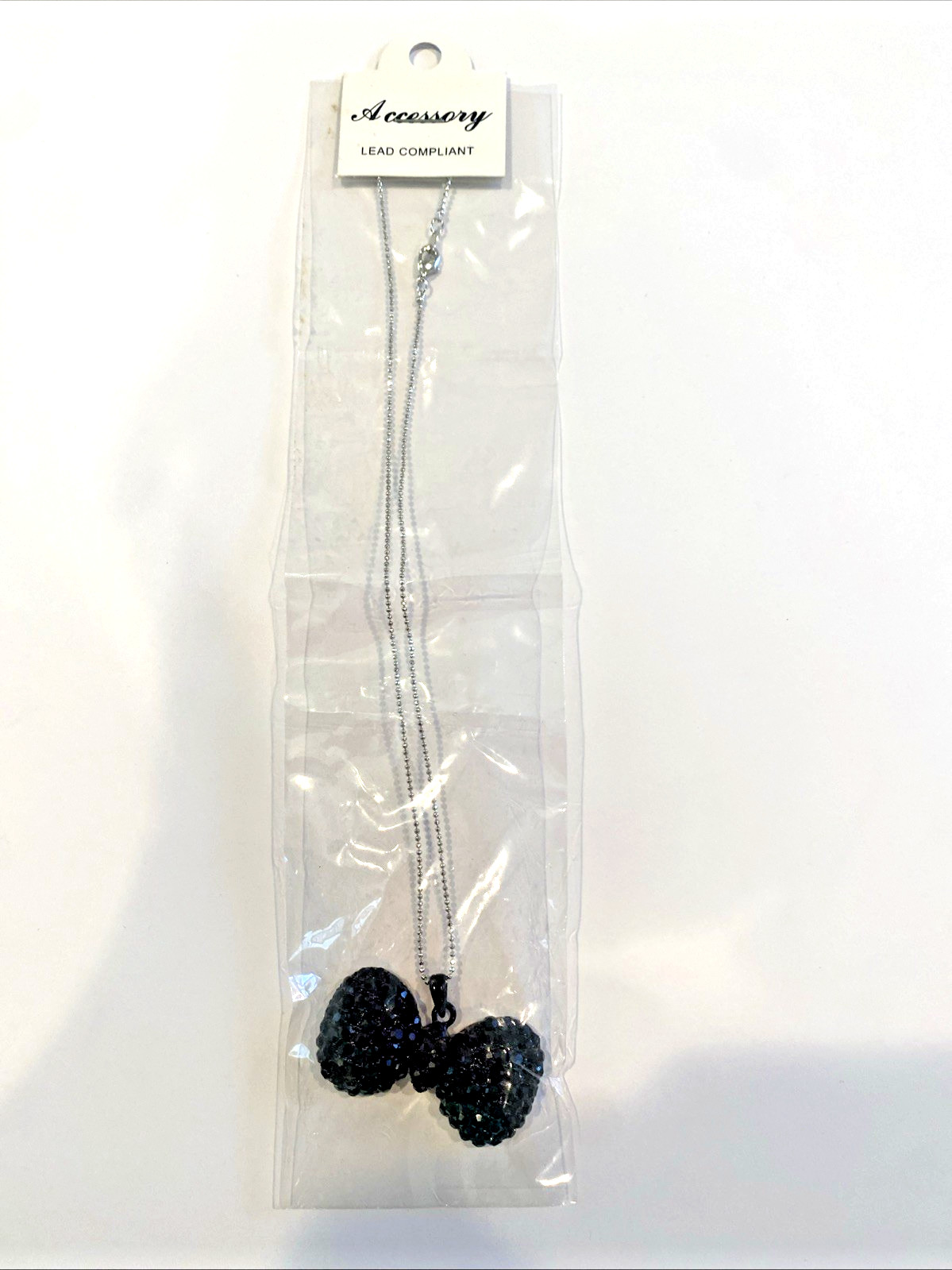 Black Rhinestone Bow Pendant Necklace Silver Tone Chain Lead Compliant