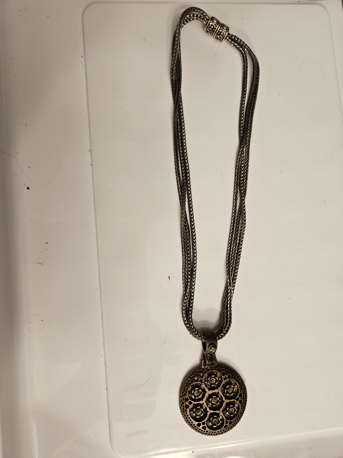 Premier Designs green crystal pendant necklace copper gold tone.