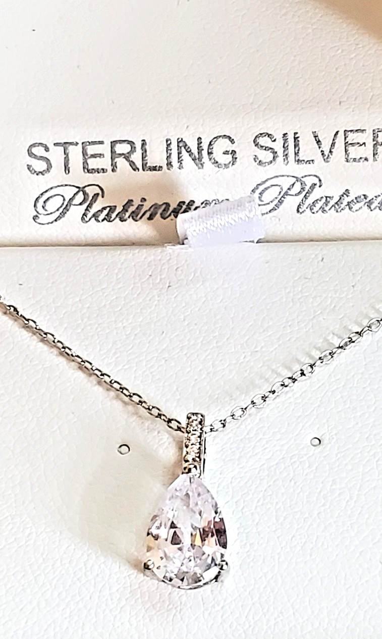 Crislu Sterling Silver Platinum Plated Necklace Cubic Zirconia Teardrop 19 Inch