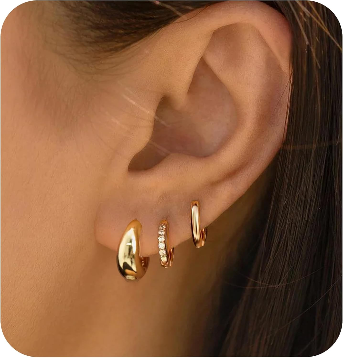 3 Pair Small Gold Hoop Earrings Set for Women, Huggie Hoop Heart Earrings Stack