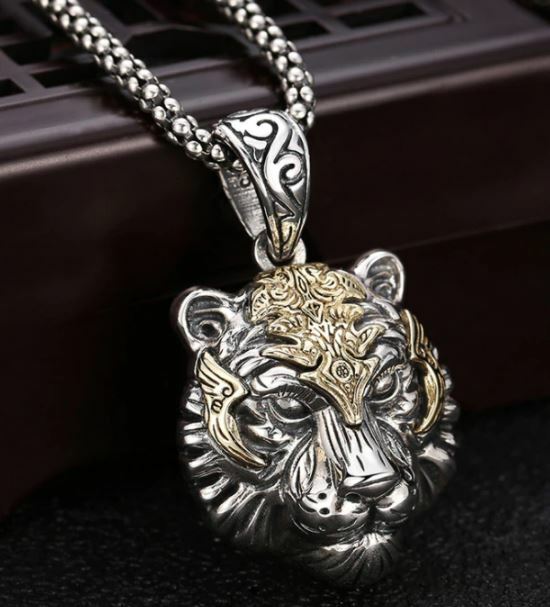 NEW Alloy Steel Mens Punk Biker Tiger Head Pendant Necklace Men Silver Gold