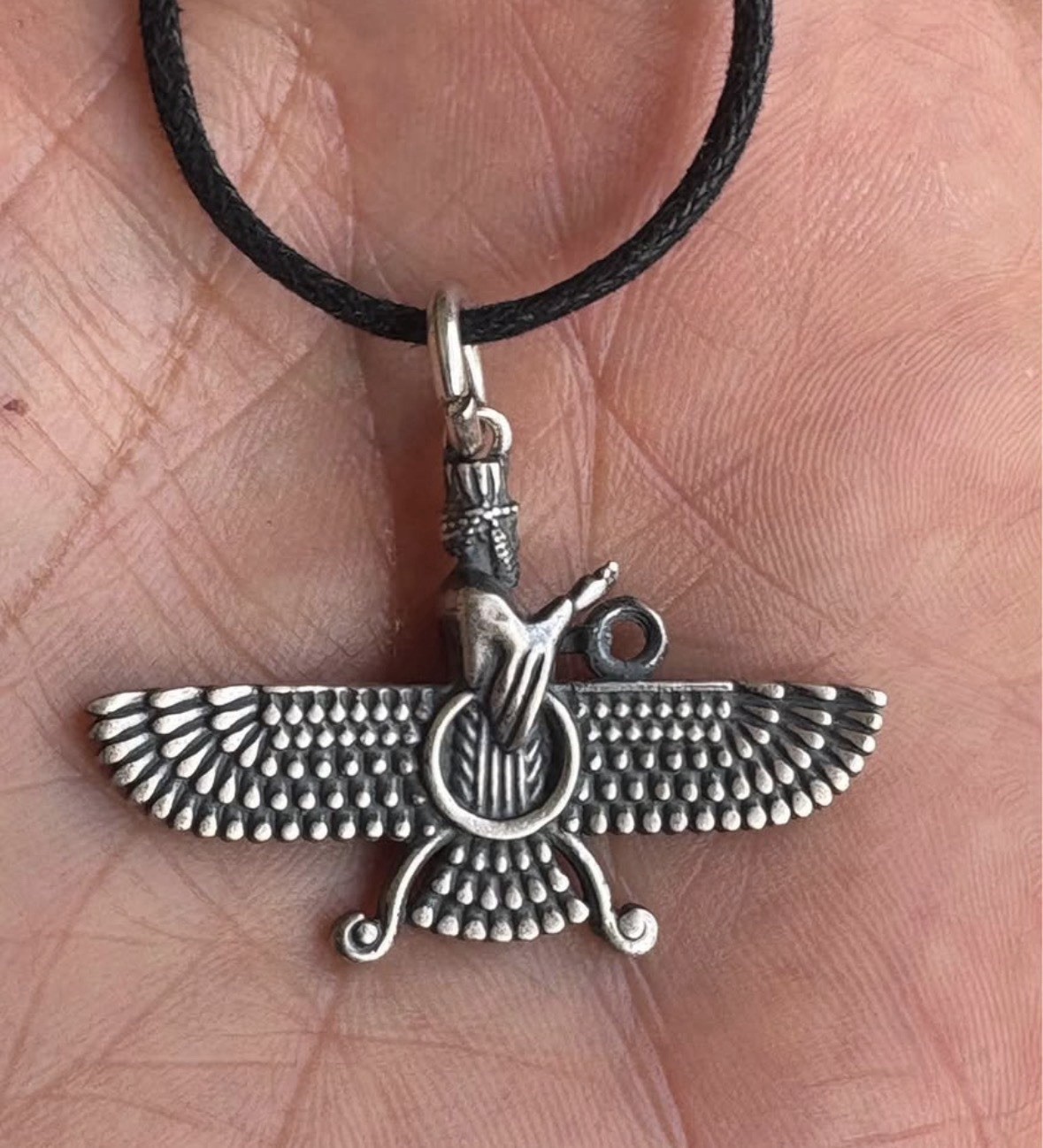 Persian 925 sterling silver double sided Farvahar pendant with cord