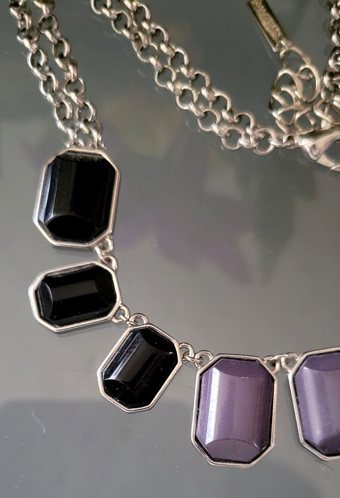 Gradient Black Purple Bezel Style Stones Dual Strand Necklace by Cookie Lee