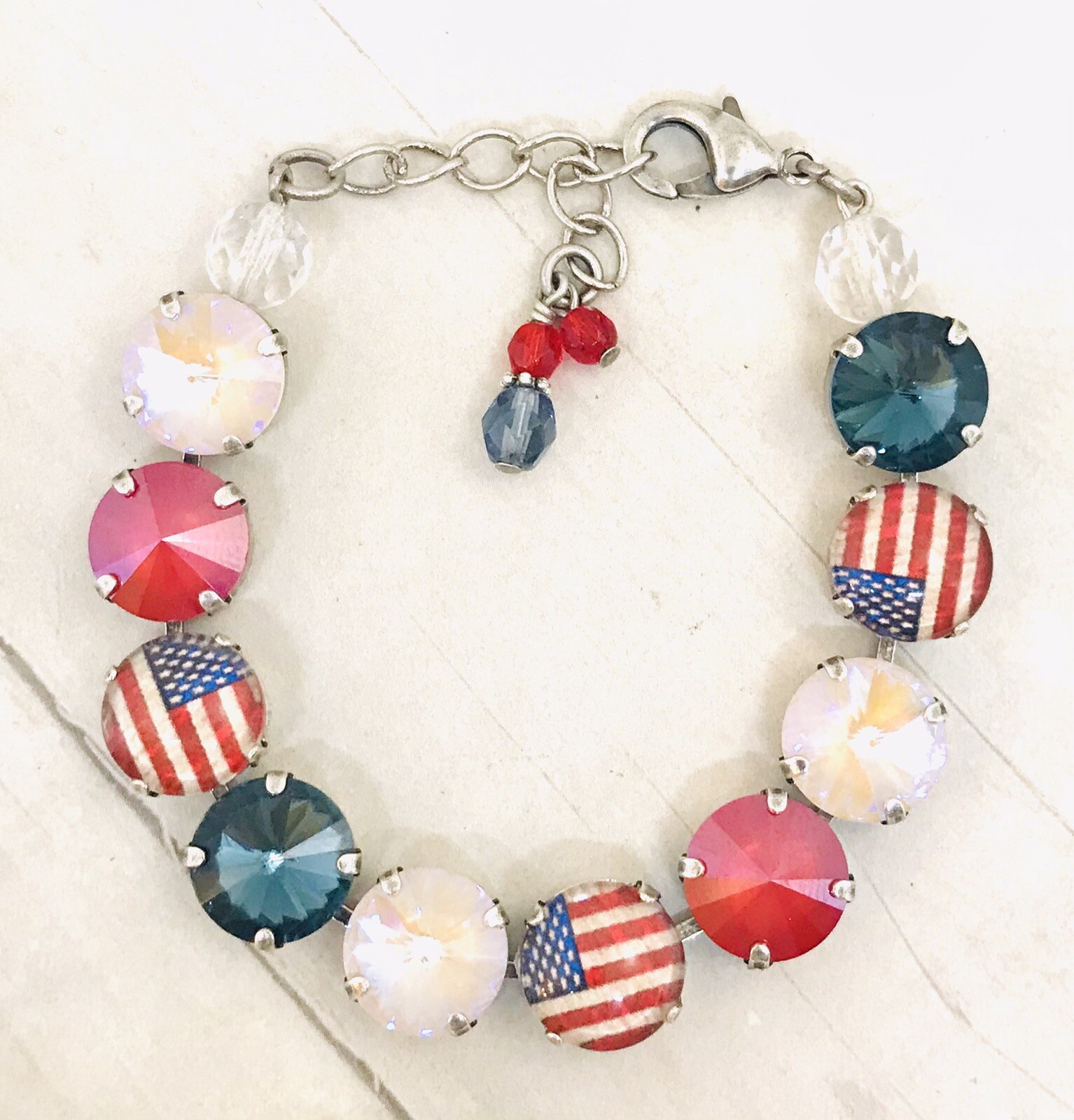 12mm Patriotic Cup Chain Bracelet July 4th Crystal Bracelet Austrian Crystals