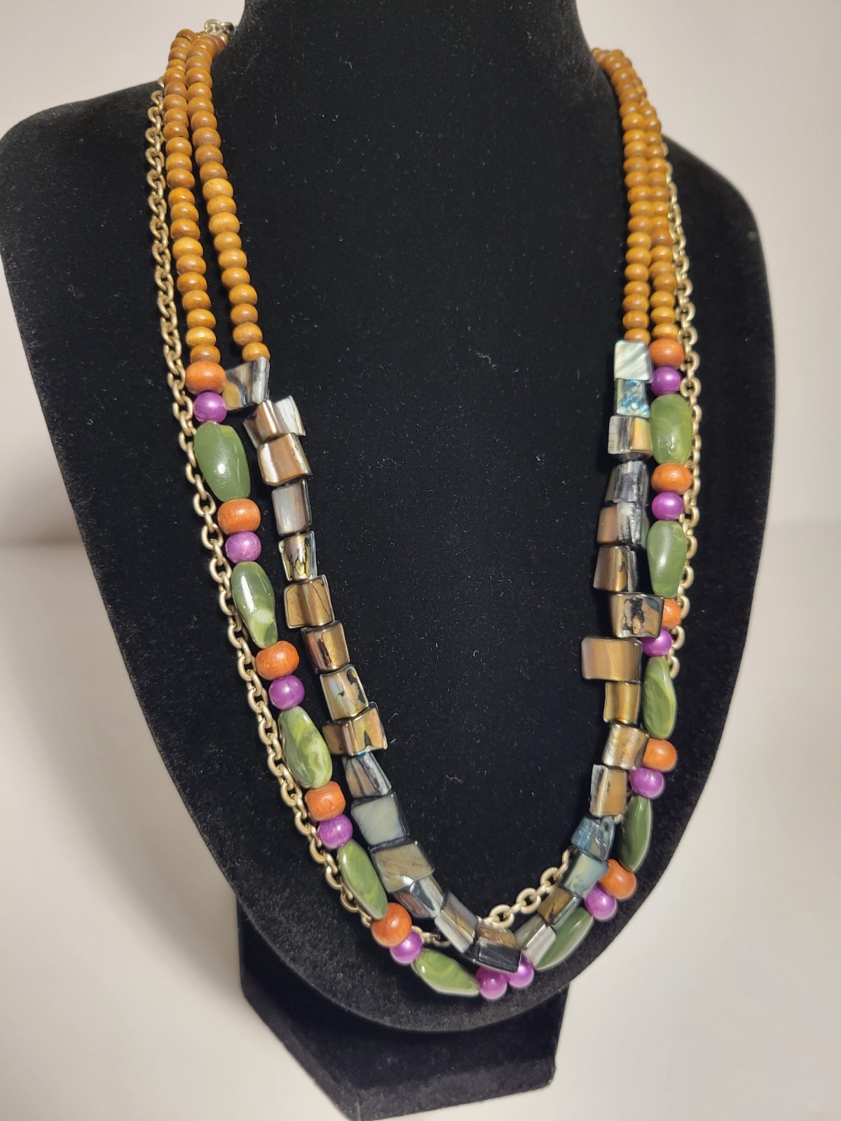 Multi Strand Beaded Boho Necklace Shell Wood Green Purple Iridescent Layered 21″