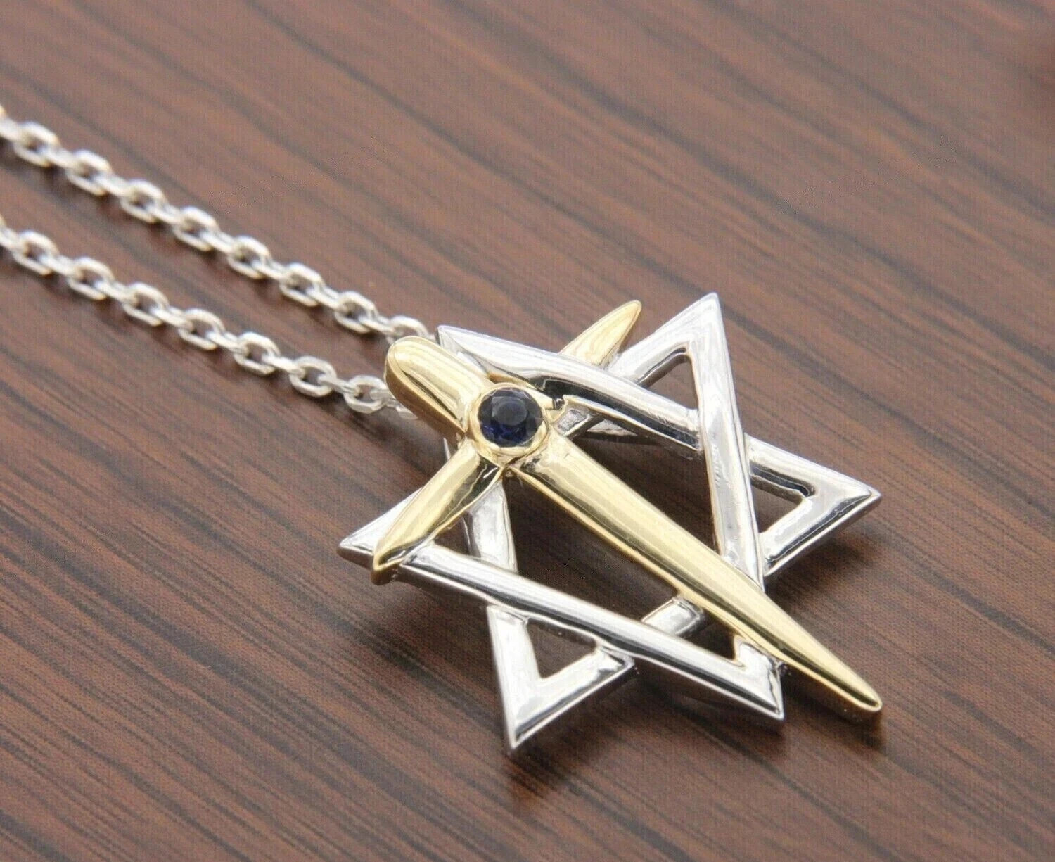 0.15 CT Simulated Sapphire Star Of David Cross Pendant 14K Two Tone Gold Over