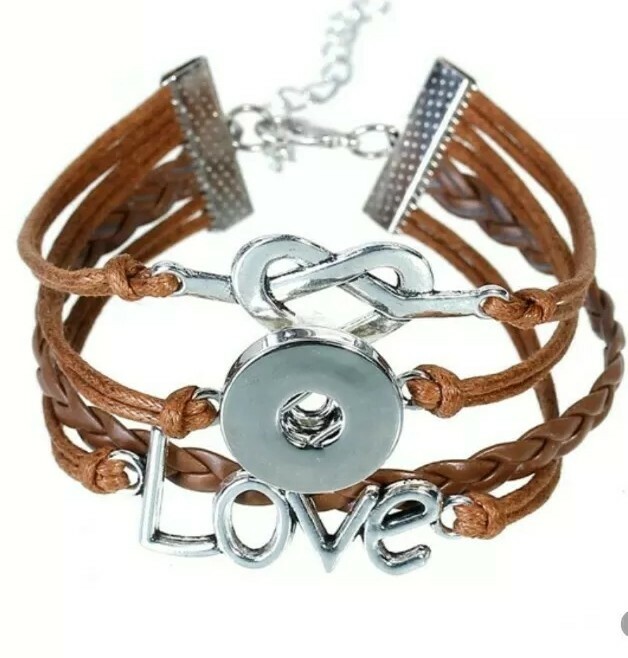 Brown leather all in one 4 layer stack fit 18/20mm snap LOVE heart