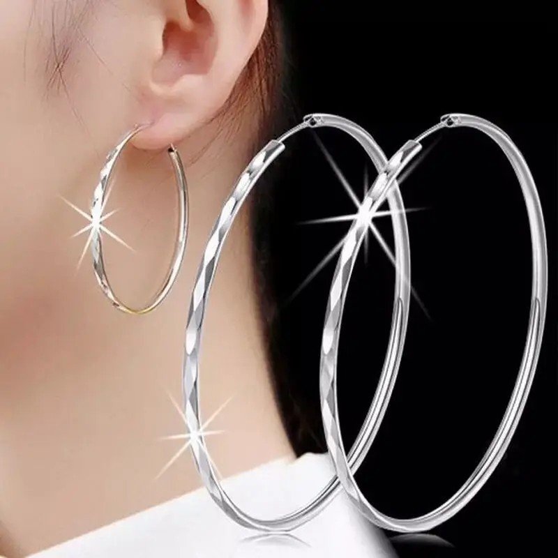 925 Sterling Silver 5CM Large Hoop Earrings Women Wedding Party Jewelry