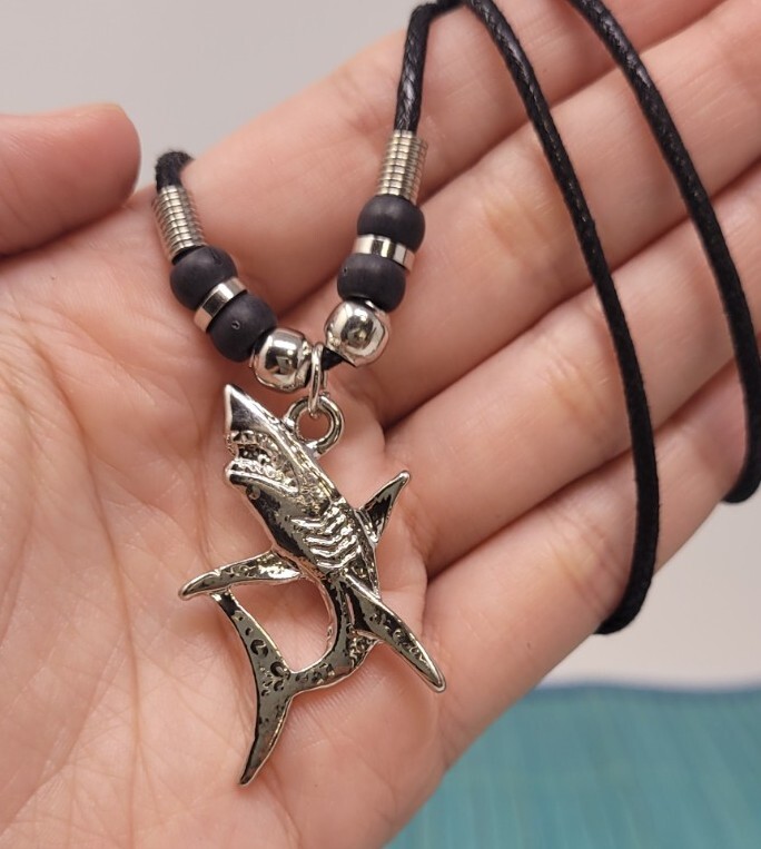 Silvertone Mako Shark Necklace Black Cord Unisex Pendant 18″ Ocean Jewelry