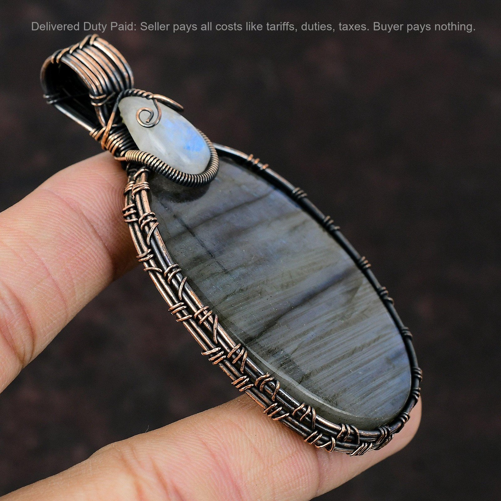 Labradorite Gemstone Rainbow Moonstone Copper Wire Wrapped Boho Pendant Jewelry