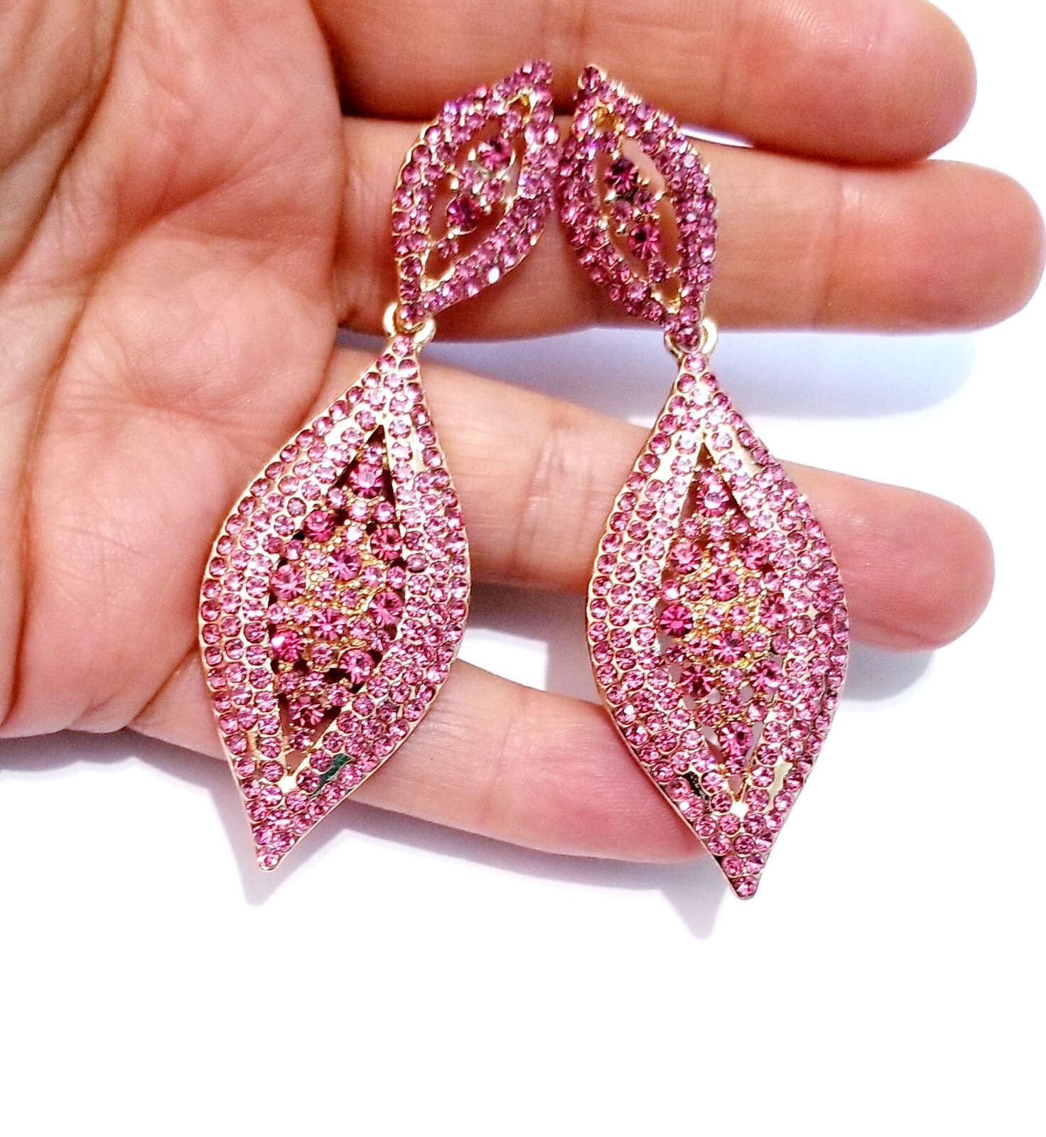 Pink Crystal Pageant Rhinestone Chandelier Drop Dangle Earrings 3 inch Jewelry