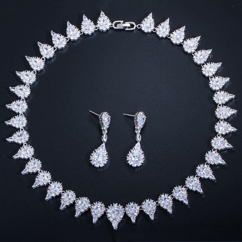 Yellow Topaz Cubic Zircon Round Choker Necklace Dangle Drop Earrings Jewelry Set