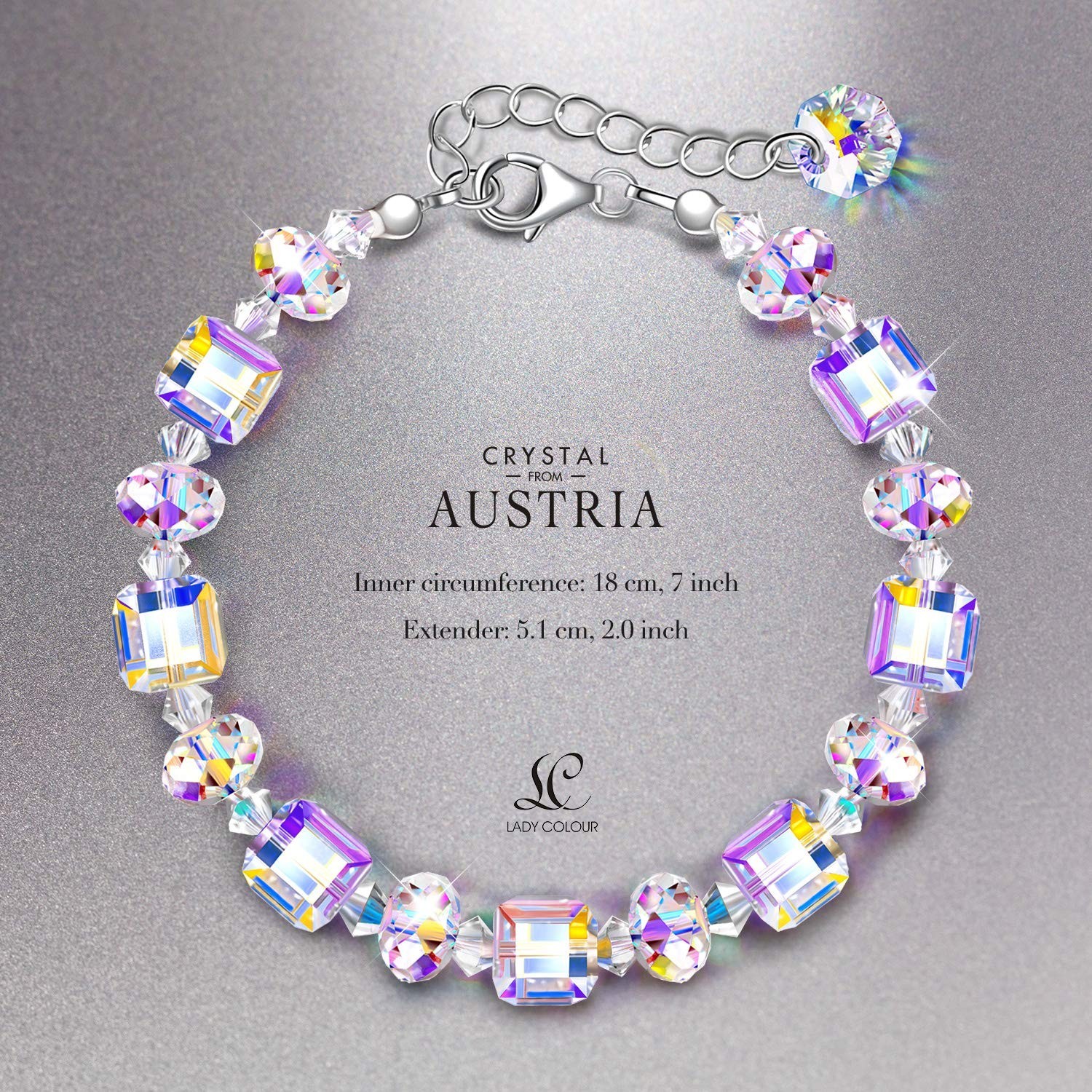 Sterling Silver Bracelet for Women with Northern Lights Crystals – 7″+2″ Ext, Gi