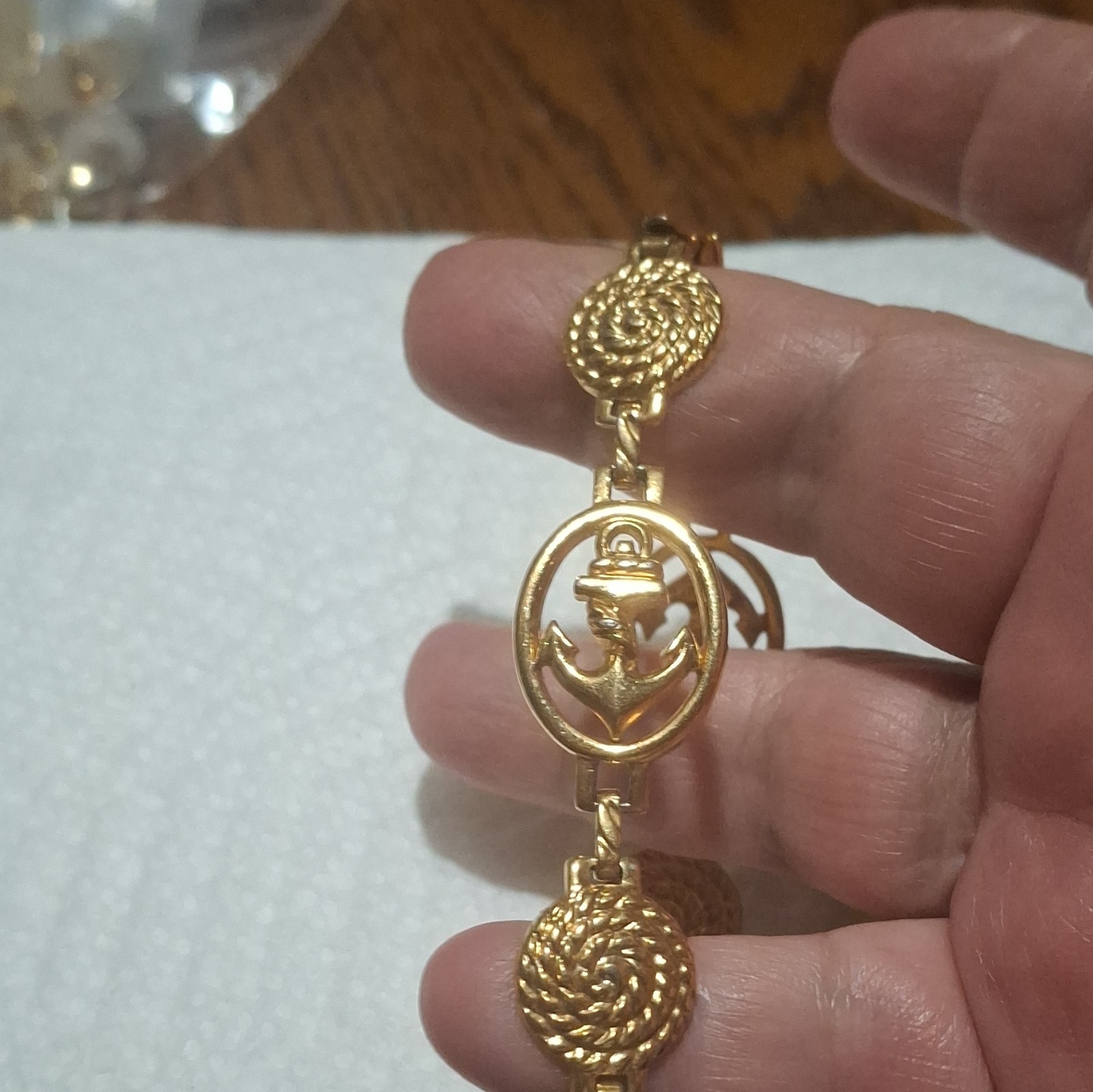 Gold Tone Nautical Charm Bracelet Anchor Ship Wheel Fold Over Closure Ap-1
