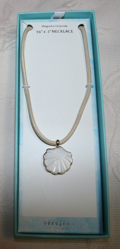 Big Shell shaped White Pendant 16″+ 3″ Necklace White Cord Metal Mother of Pearl