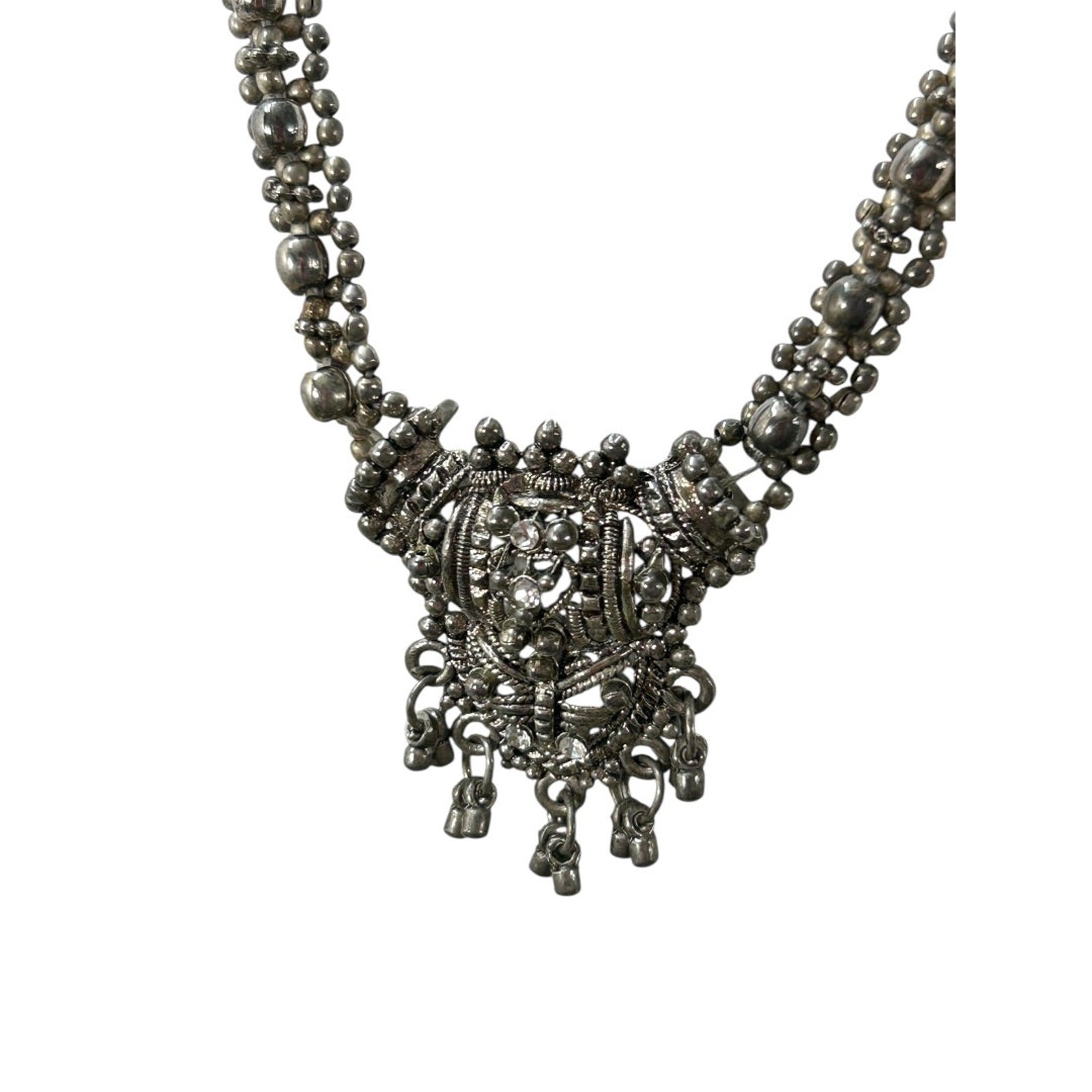 Slide Adjustable Overhead Silvertone Necklace Intricate Beading