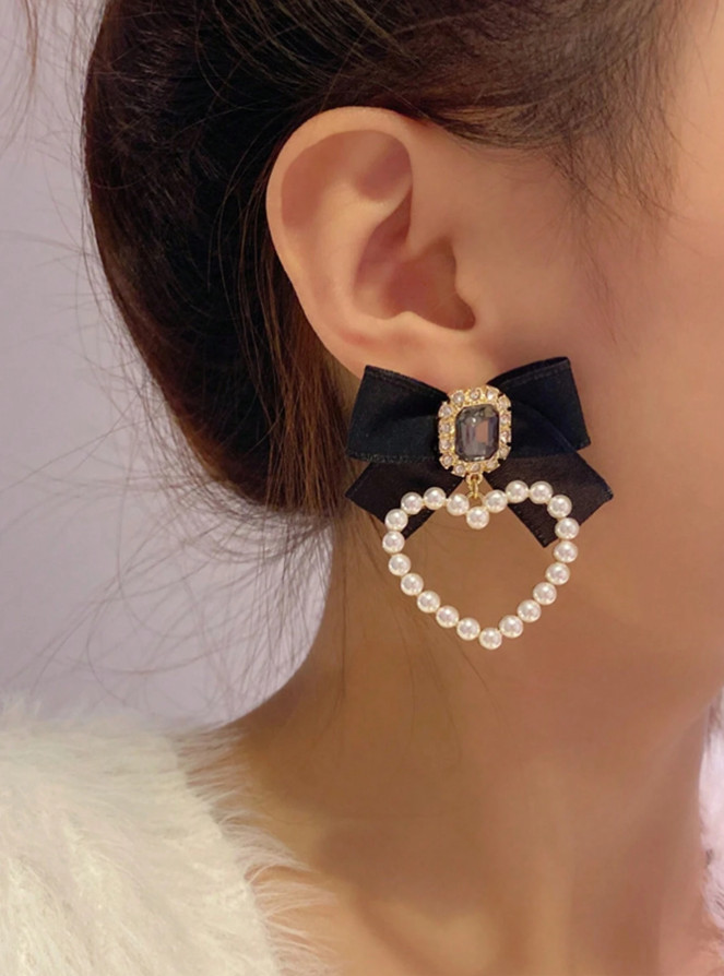 Pearl Heart Bow Earrings for Women Sweet Cute Mesh Stud Fashion Jewelry