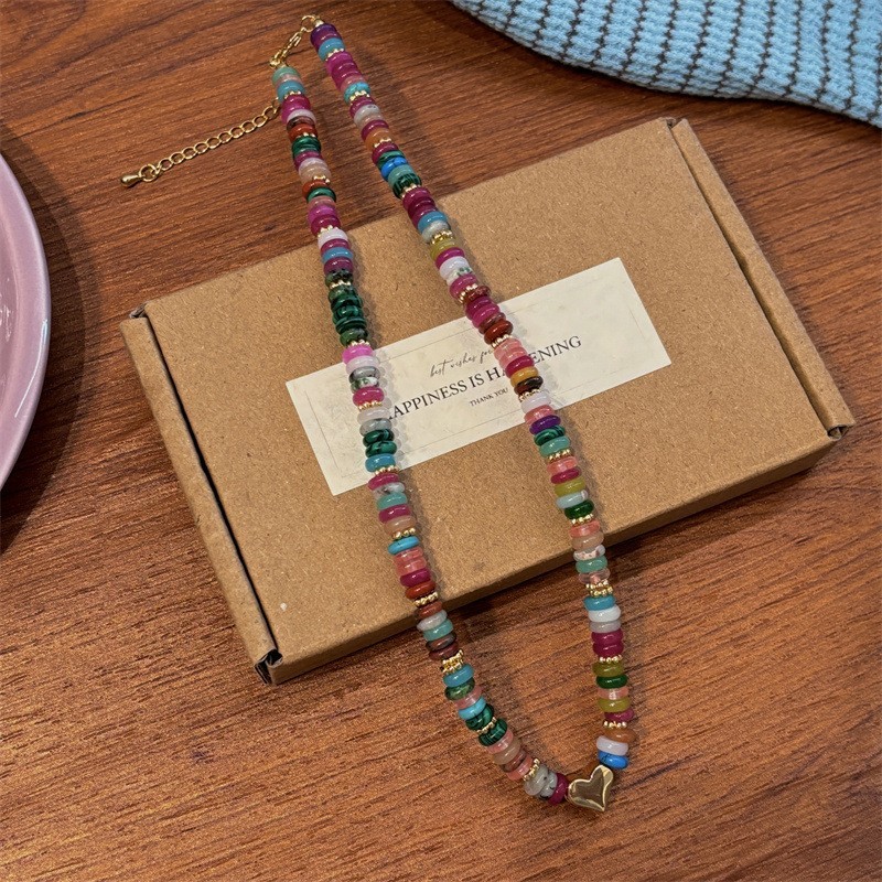 Rainbow Dopamine Natural Stone Necklace, Luxury Heart Pendant Choker Sweater Cha