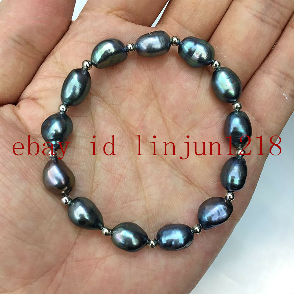 Natural 9-10mm Tahitian Cultured Freshwater Black Pearl Bracelet 7.5” AAA