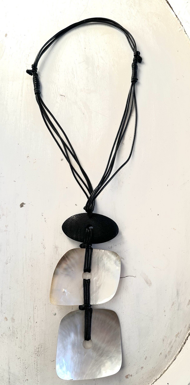 Natural 2-Shell Pendant Necklace with Black Cord & Black Mango Wood
