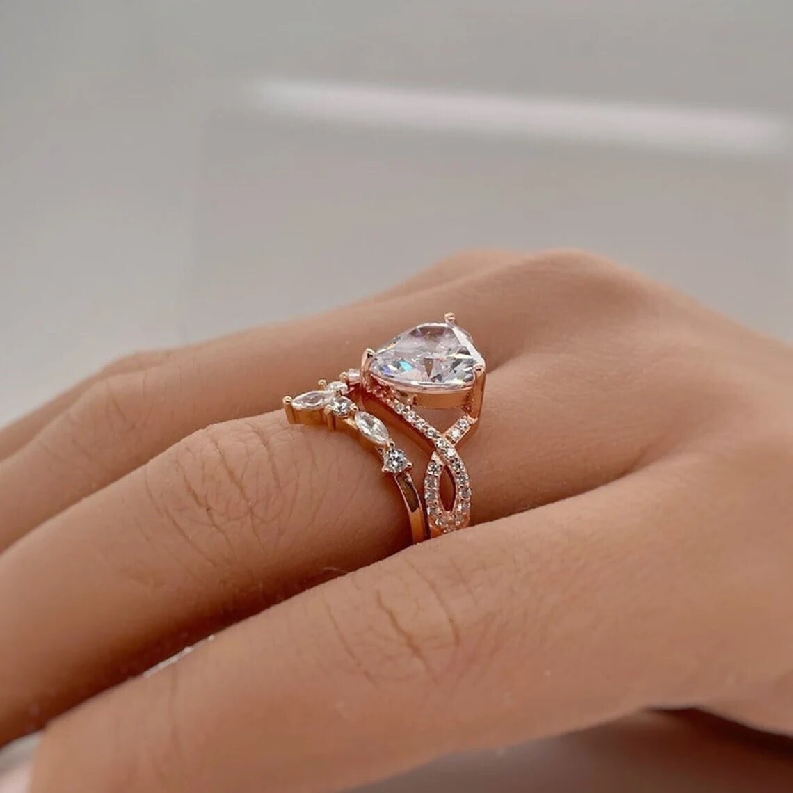 Bridal Set Women’s Ring 3Ct Heart Cut Simulated Diamond In 14K Rose Gold Plated