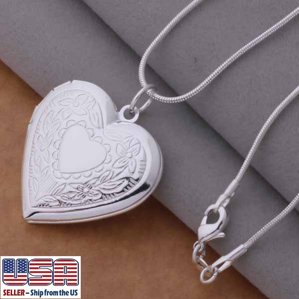 925 Sterling Silver Plated Heart Locket Photo Pendant Necklace 18″+ Gift Pouch