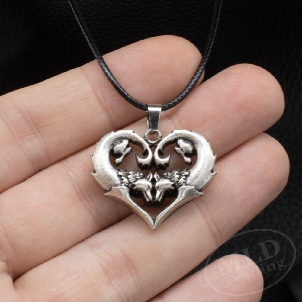 Silver Zinc Alloy Wolf Wolves Love Heart Pendant Necklace For Women w Black Cord