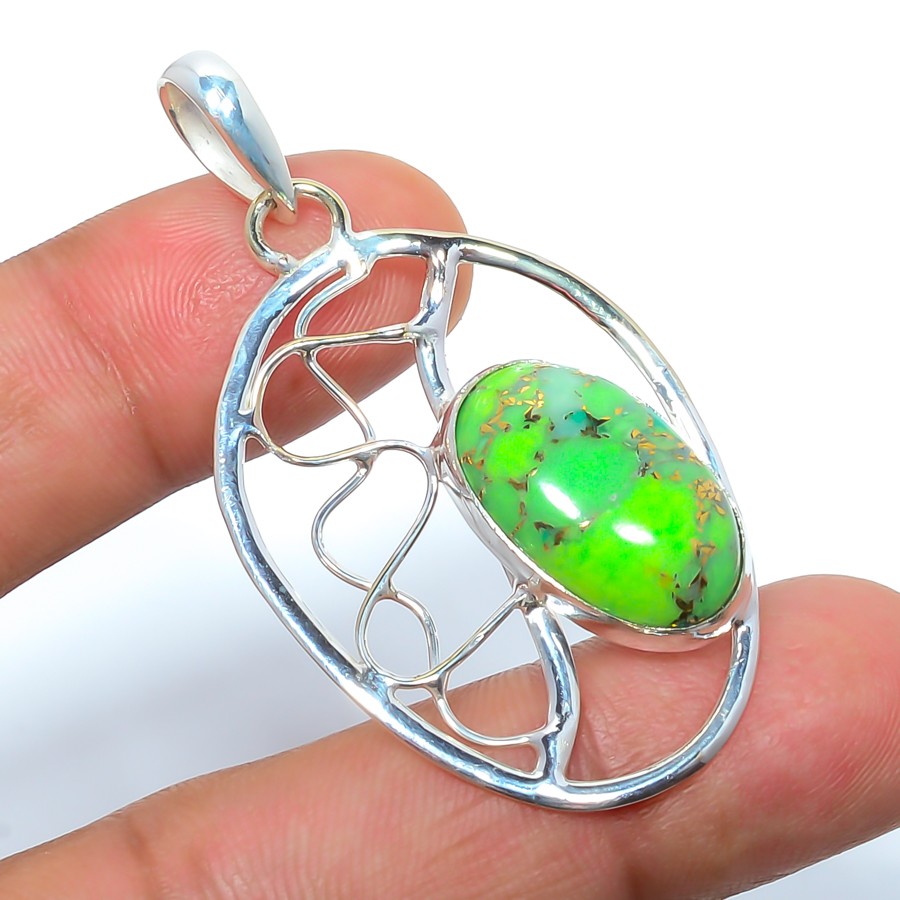 Copper Green Turquoise-Arizona 925 Silver Plated Pendant 2.03″ T8