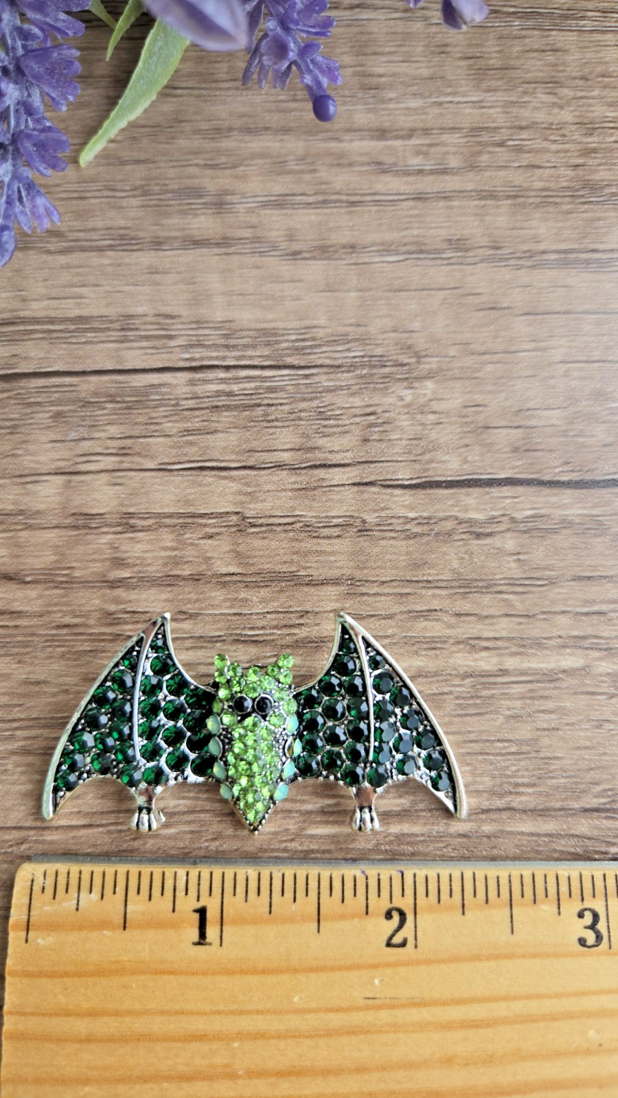 Bat Brooch Green Crystal Rhinestone Silver Tone Halloween Bat Pin