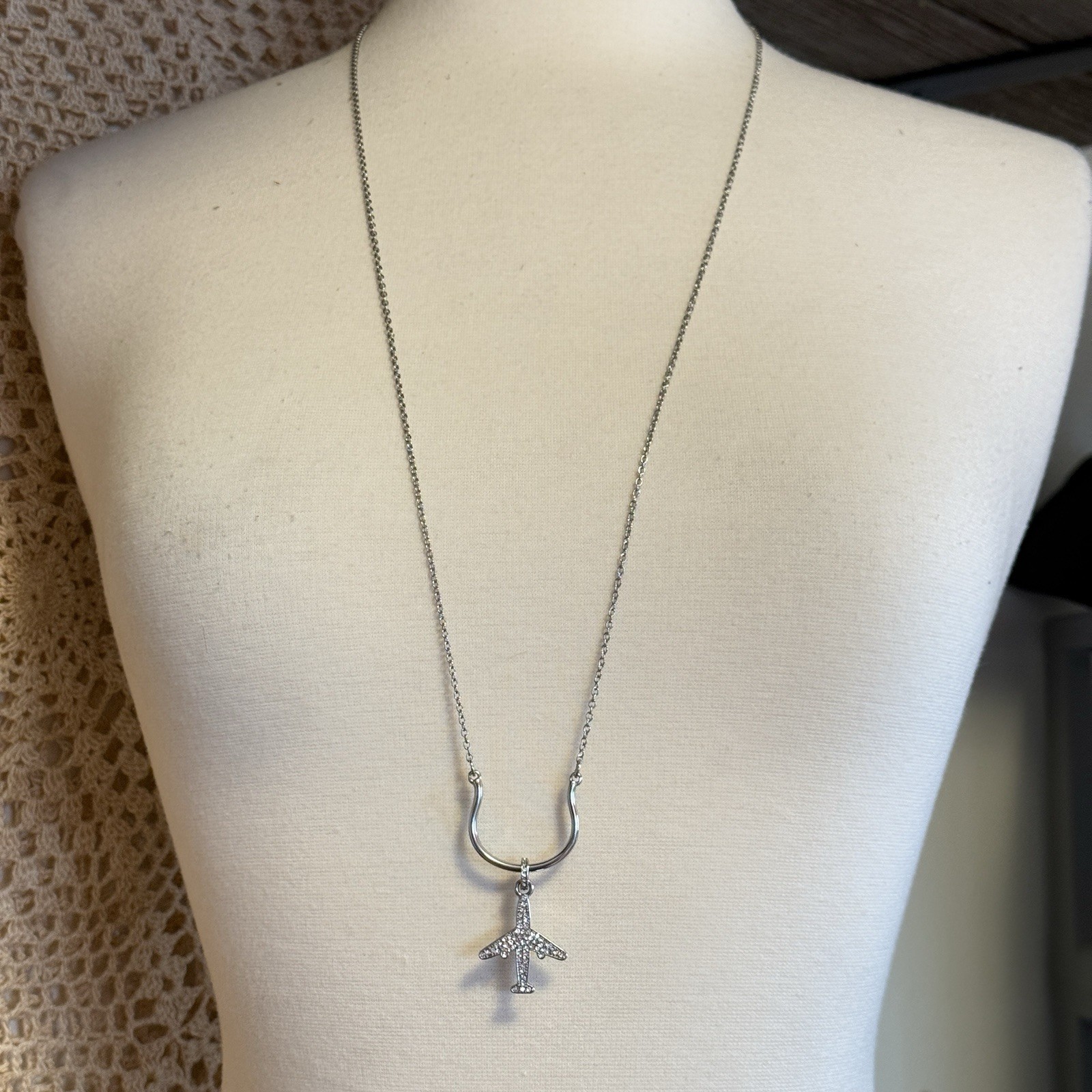White House Black Market Airplane Necklace CZ Silver Tone WHBM Airplane Necklace