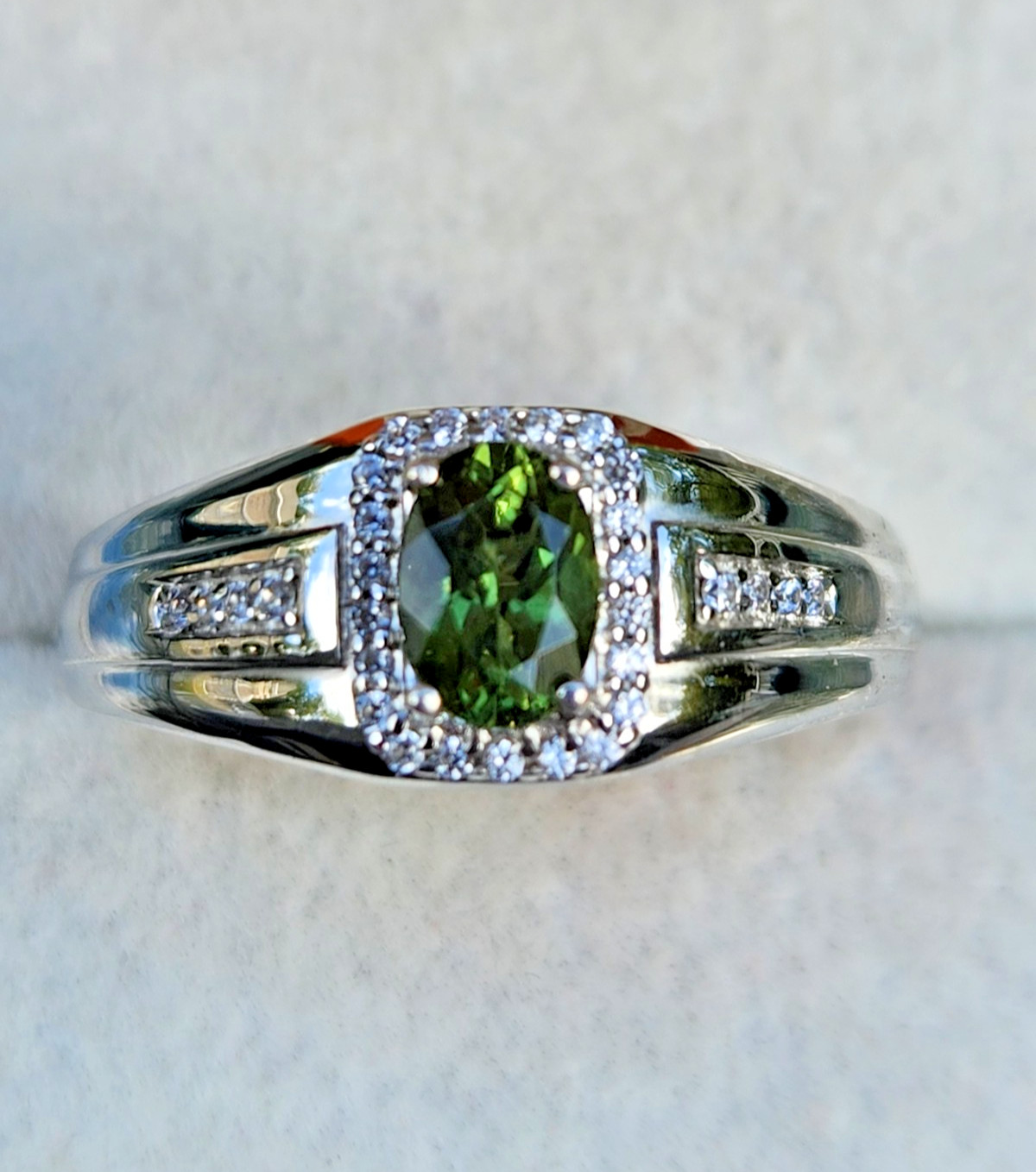 Men’s Tanzanian Green Apatite & White Zircon Ring in Platinum Over Sterling Sz10