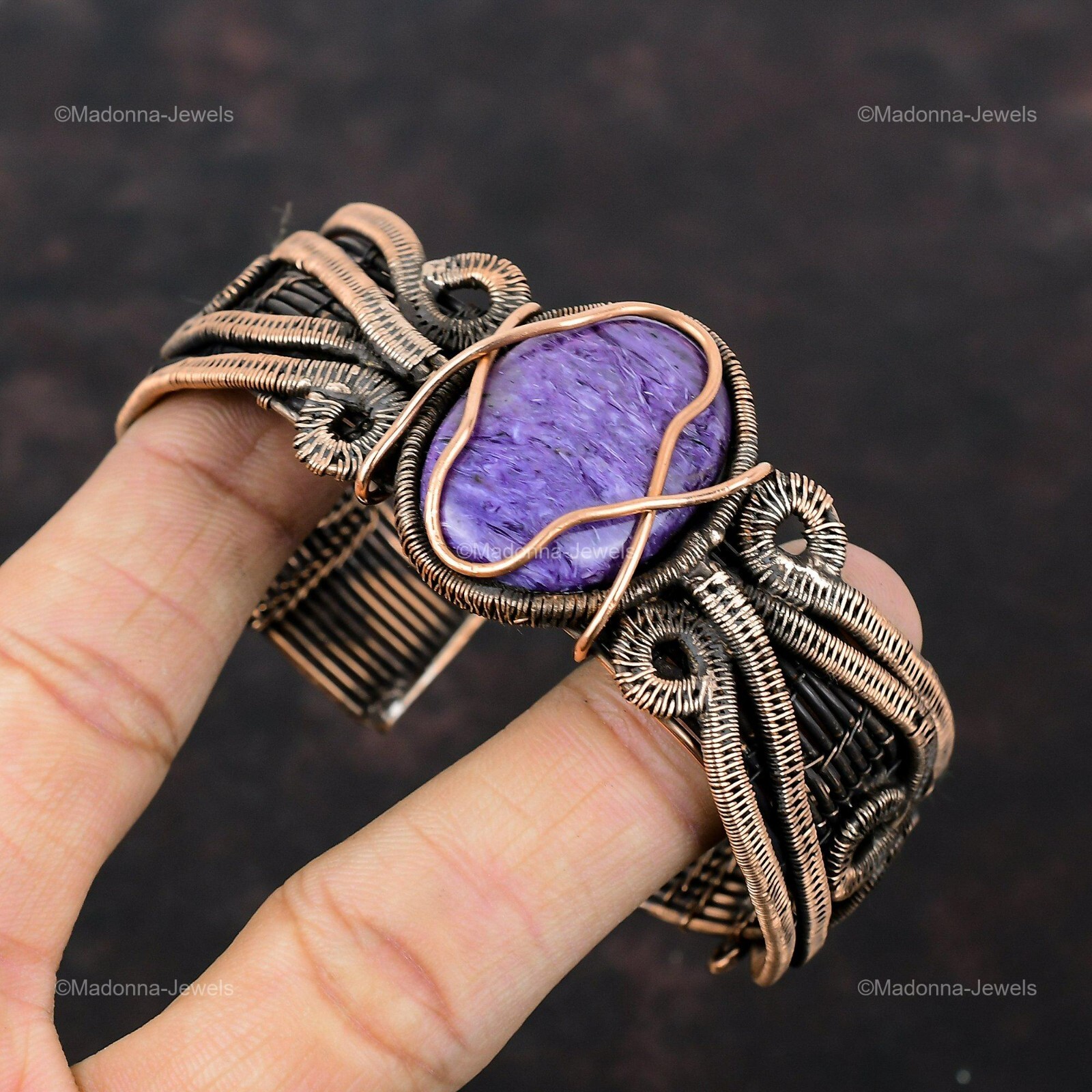 Russian Charoite Copper Gift For Friend Wire Wrapped Cuff Adjustable Bangle
