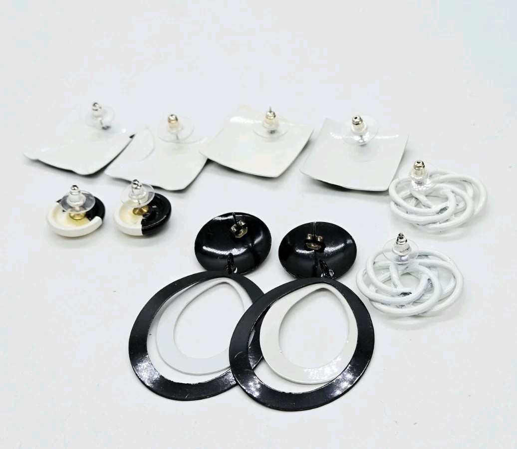 Black and White Earring Lot Art Deco Asymmetrical Enamel Vintage 5 Pair