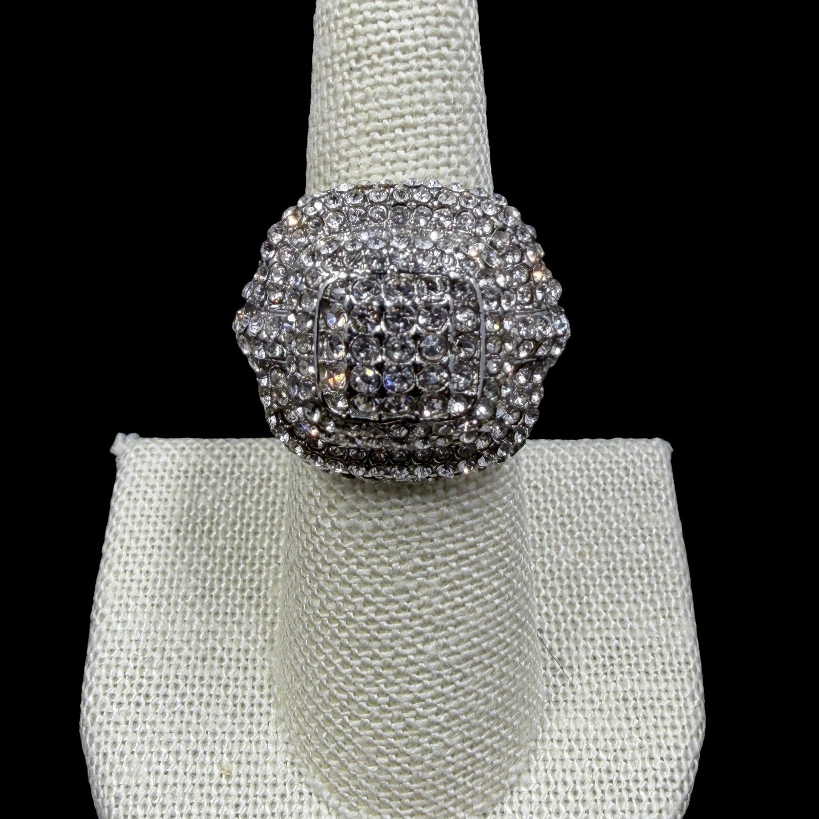 Silver Tone Rhinestone Cocktail Ring Statement Glam Prom Bling Y2K Cluster SZ 6