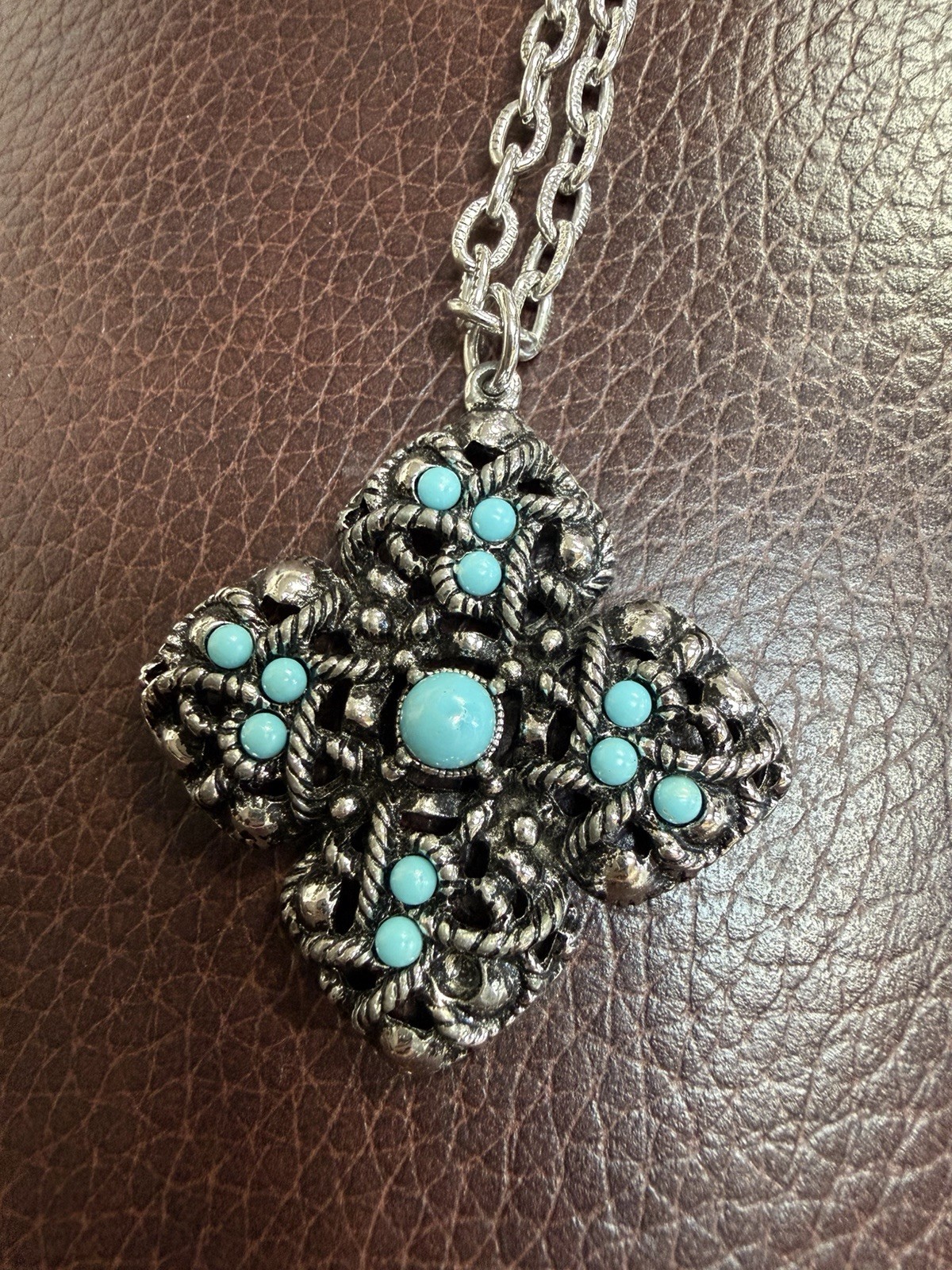 Silver Tone Turquoise Blue Flower Charm Pendant Necklace, Cable Chain