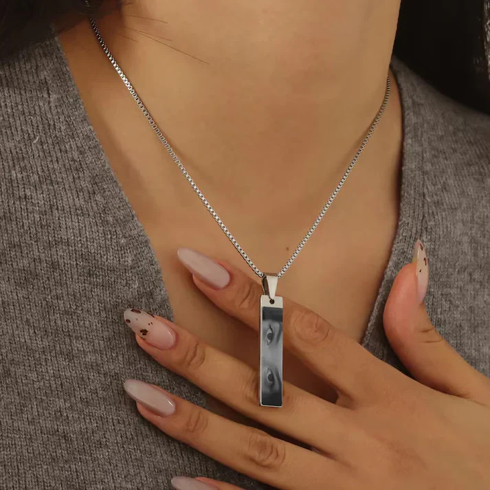 Eye Engraved Bar Pendant Necklace Silver Tone Minimalist Charm Gift Jewelry