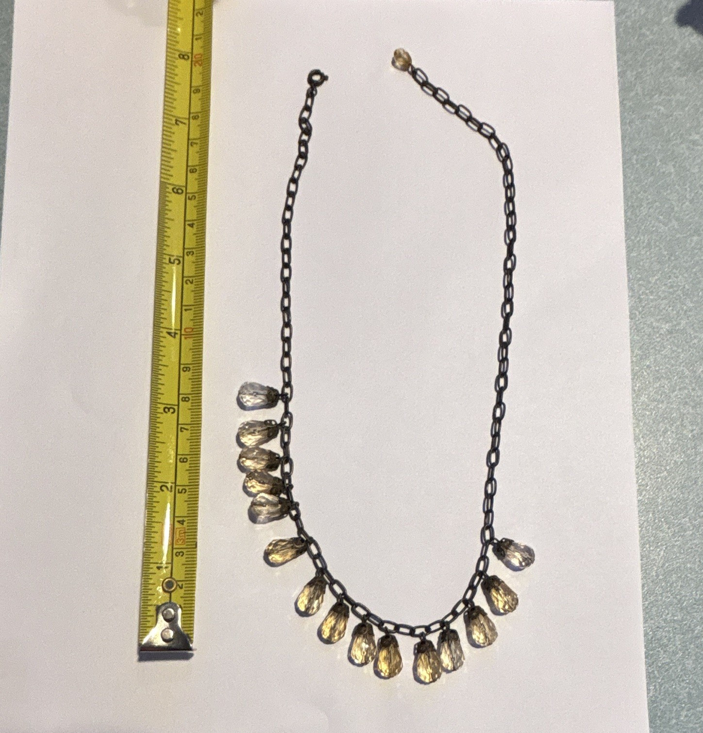 Black Cable Chain Teardrop Crystal Pendant Necklace Gold Tone 19-24in