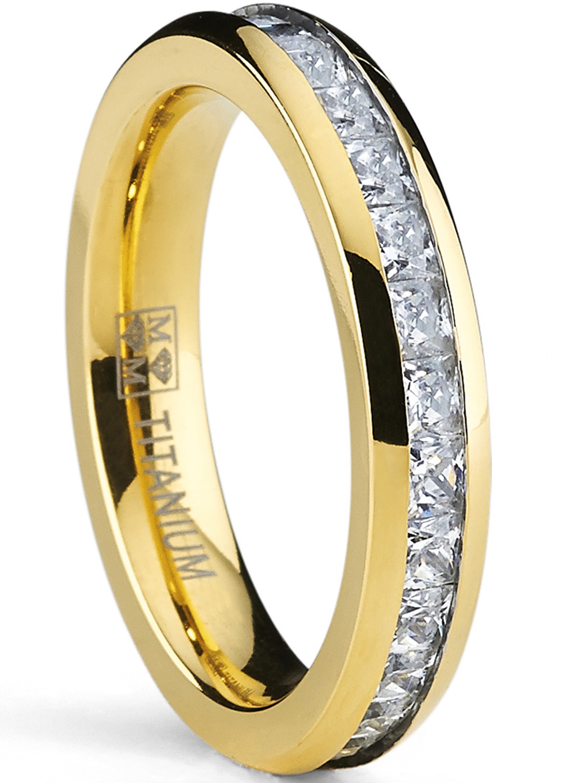 4MM Goldtone Princess Cut women’s Eternity Titanium Ring Wedding Band CZ
