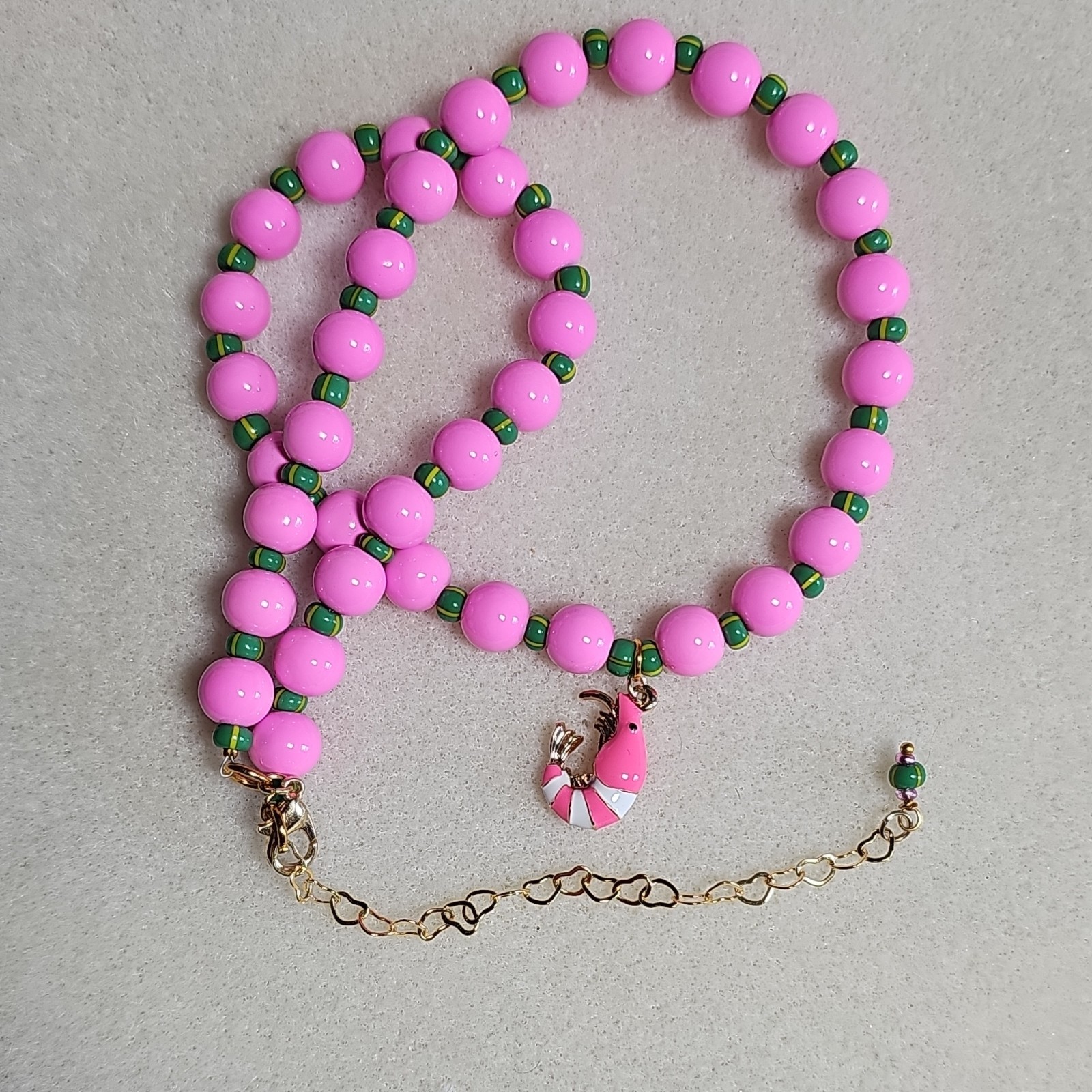 Pink Glass Beaded Necklace w/ Enamel Shrimp Charm Lobster Clasp Adjustable Ext